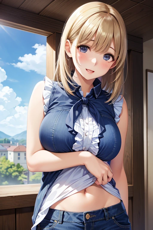 One girl, alone, jewelry, Garment Lift, blue eyes, Nipples, Earrings, Blonde, underwear, Blurred background, good, chest, shirt lift, View your viewers, , Blurred, parted lips, Lifted it himself, blue good, good lift, Upper Body, blue shirt, shirt, bangs, short hair, Outdoor, Short sleeve, skirt, Realistic, lips, Day, Medium Hair, blunt bangs