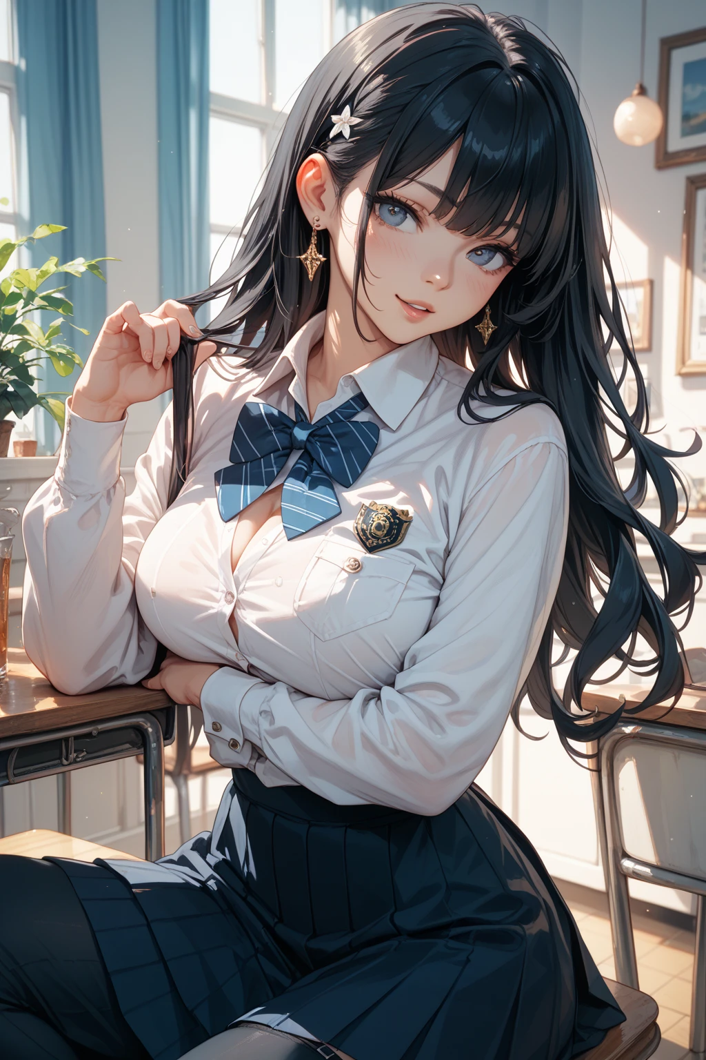 Masterpiece, Superb Piece, 1 Female, Long Hair, Brunette Hair, Blunt Bangs, Bangs, School Uniform, Collar, Ruffled Short Skirt, Denim Photo: P, Tsundere, (1.2), Hair Accessories, Shoes, Classroom, Blackboard,