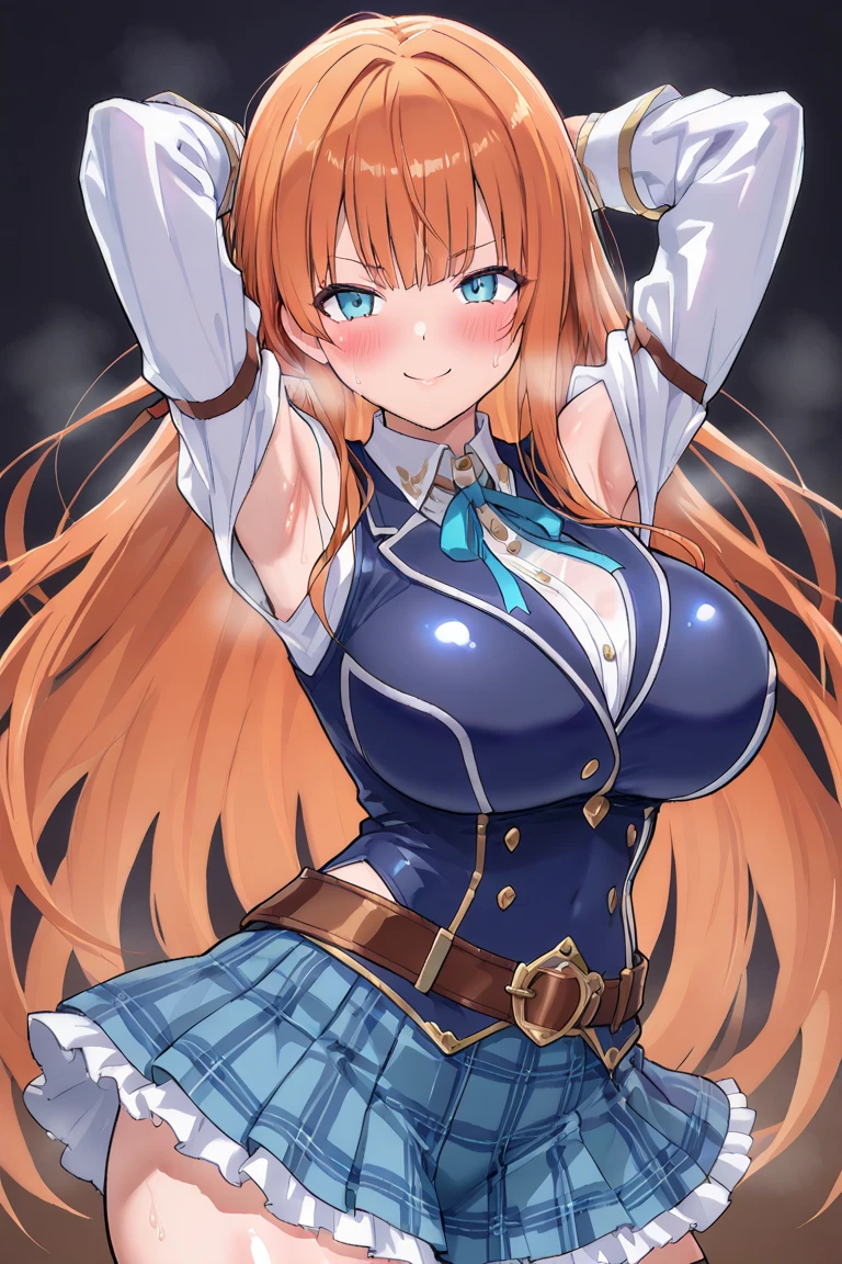 yurii, 1girl, solo, long_hair, breasts, looking_at_viewer, blush, smile, blue_eyes, large_breasts, shirt, long_sleeves, dress, cleavage, closed_mouth, upper_body, ponytail, orange_hair, hands_on_own_face, hands_on_own_cheeks