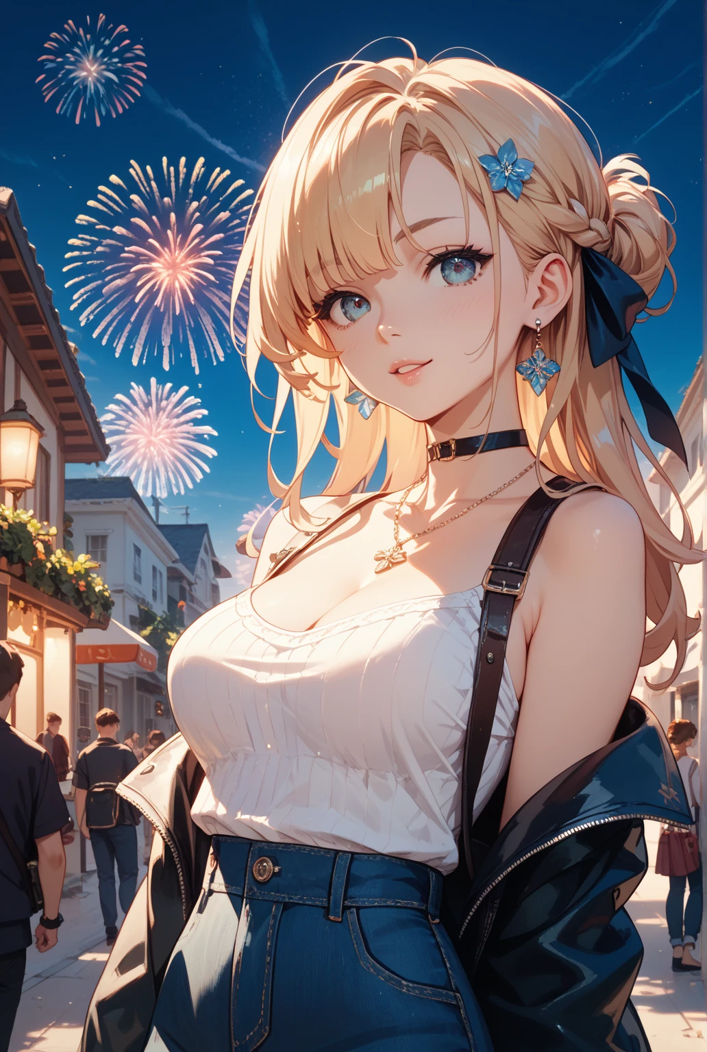 Highest quality、High resolution、Detailed Background、(Beautiful face in every detail:1.4)、Anatomically correct、(Normal number of fingers:1.2)、(Highly detailed face:1.2)、(Detailed eyes:1.2)、Beautiful women in their 20s、(Huge breasts:1.2)、Perfect body line、Light color hair、well-groomed eyebrows、Calm and elegant look、mysterious、Dreamy atmosphere、romantic、The sky is starting to darken、Dress with confidence、Feminine delicacy、Model pose、
(Two beautiful women with big smiles on their faces against the backdrop of illuminations and the night view:1.5)、
While showing off your shoulders and décolleté line beautifully、By emphasizing the I-line, you can create a feminine silhouette.、Shiny satin and sheer fabrics give a sexy look.、Deep colors such as red create a mature and sexy look.、A sheer camisole with lace innerwear for a sheer look、A camisole with an open back and a tight skirt make for a beautiful outfit that makes your back look beautiful too.、Put your hair up and show off your neck for a more sexy look.、Add some red lipstick and eyeshadow to brighten up your face and make it even more attractive.、Necklaces and earrings、By using accessories such as belts effectively, you can bring out your charm even more.、very beautiful