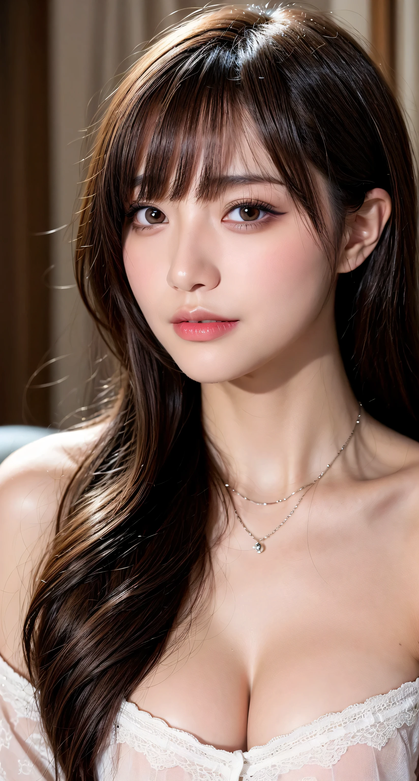 (run a high class brothel、A devilishly beautiful madam who sells useless prostitutes to organ brokers..),NSFW, masterpiece, highest quality, Accurate, UHD, retina, Super detailed, Award history, High resolution, anatomically correct, (realistic:1.4),Raw photo,(Soft saturation:1.3),(Fair skin:1.2),rough skin, 8K,1 girl, alone, mature adult woman, Beautiful Evil, evil and sneaky sexy woman, (perfectly beautiful woman, perfectly beautiful face, Perfectly beautiful eyes, perfectly beautiful nose, perfectly beautiful nose孔, perfectly beautiful lips),(Chestnut hair tied on top of head),(compensate:1.3),(eye reflection:1.3, solid circle eye, ring-shaped eyes, Sparkling pupils:1.2, long eyelashes:0.7, amber eyes),(crystal earrings, necklace), sleepy, parted lips, boredom, (enchanting smile:1.4, cruel smile:1.4), (natural_breasts, straight_hairstyles, glossy_lips:1.5,lip_reflection:1.5), break, (blazer, executive_blouse, collar:1.5),(at the bedroom, looking at user, close_up_shot:1.5)