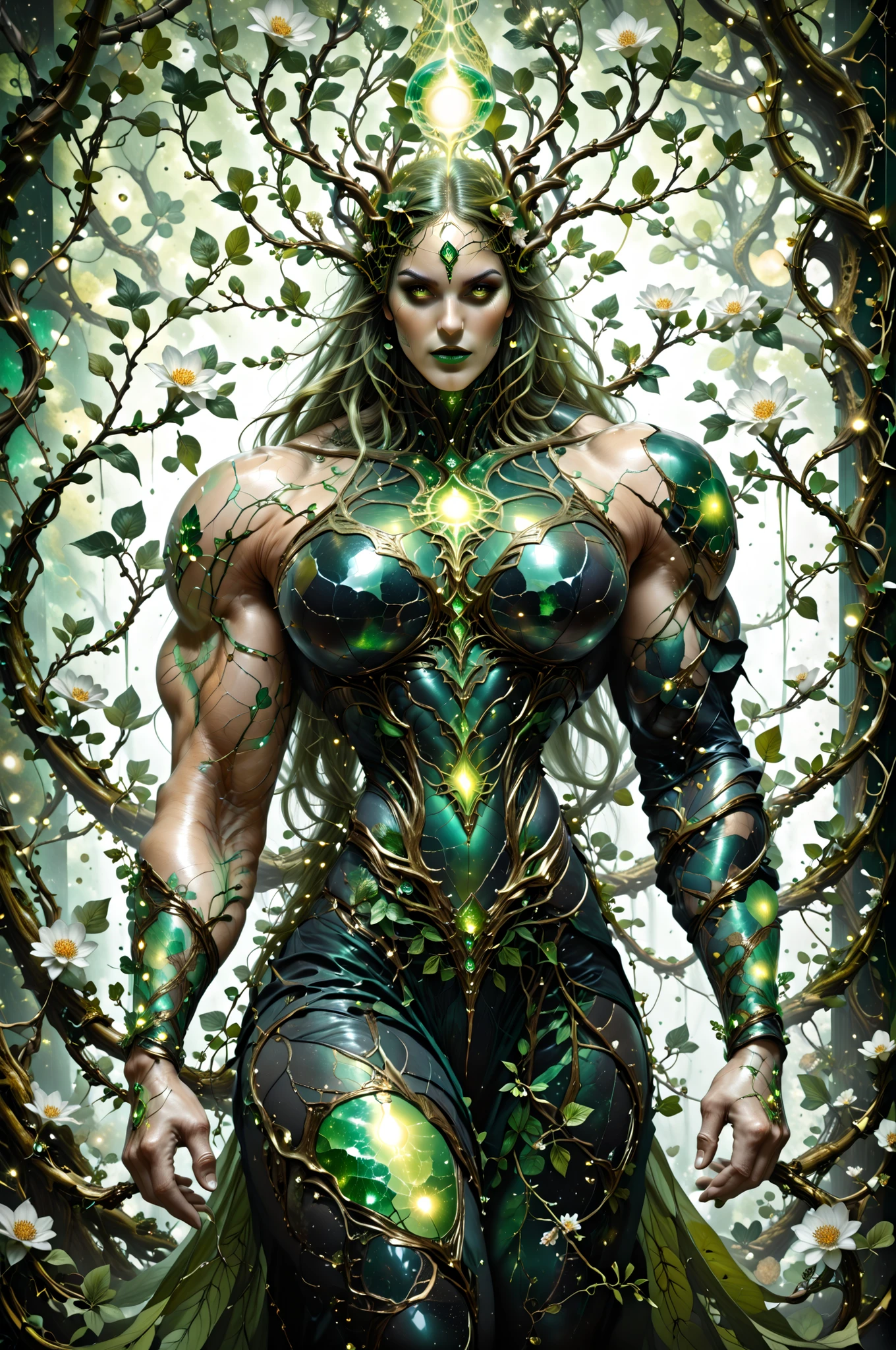 (torso shot:1.5), (1 dryad at far end of screen:1.25), (glowing green eyes:1.25), a beautiful illustration of a hyper muscular dryad in an abstract marble texture with a tarot style frame, with colors of obsidian black, shiny gold, and emerald green, highly detailed, intricate design, (realism, highly detailed), (nymph), green skin, beautiful emerald green eyes, dark eyeliner, dark green lipstick, tree bark on skin, emeralds embedded in skin, (hyper muscular bodybuilder female dryad with branch tails, vines, flowers and leaves extending from her head:1.25),(beautiful nature nymph girl face), (body covered in glowing emeralds:1.25), (abstract marble background with colors of emerald green, shiny gold, obsidian black and cyan:1.25), (dark abstract black obsidian marble background:1.25), high-resolution image, photorealistic clarity, 4K, Masterpiece, sinozick style, Moriimee_style, artist:Anne Bachelier, CyberRealistic_Negative_PONY_V2