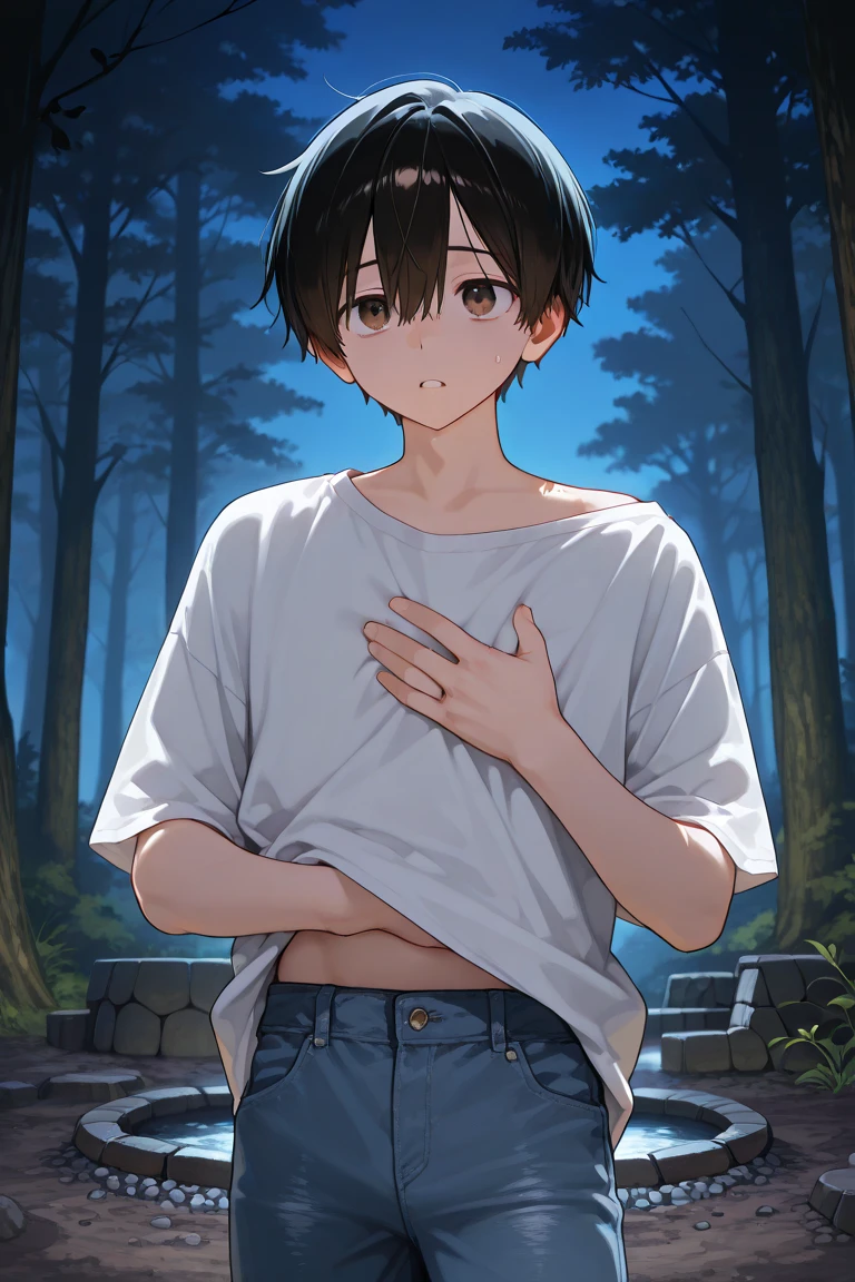 ((at night)), (( forest background)), ((1 boy)), seen from the waist up, ((focus on boy)), wearing a white t-shirt and blue jeans, shirt slightly loose and slipping off one shoulder, ((short black hair)), ((well-aligned brown eyes)), body visibly smaller and slimmer, chest beginning to show small curves, waist narrower, hands gently placed near his chest, posture slightly tense and unstable, mouth slightly open, confused and worried expression, the shirt hanging more loosely due to smaller frame,subtle fog near the ground, soft light from the moon above, ((at night)),