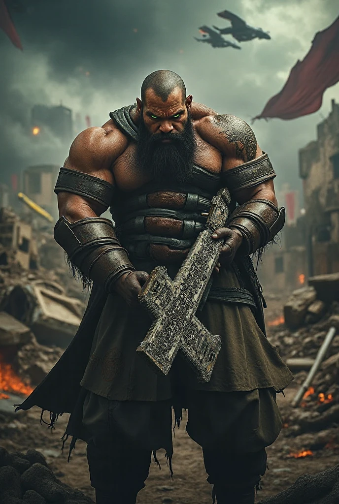 A muscular and fierce warrior, Covered in scars, with an intimidating appearance and an expression of fury as he screams in the middle of a battle. He wears rustic and heavy armor., decorated with intricate details and chains, partially covering his torso and arm. His skin is marked with distinctive red tattoos, and his right shoulder sports a piece of red spiked armor, contrasting strongly with the rest of the image which is in greyish tones. His thick beard and bald head add to his brutal and powerful presence.. The background is blurry, suggesting movement and chaos, while the focus remains on the intensity and fury of the warrior. The art style highlights the drama and energy of the scene, using a limited but striking color palette,Wolf God, hyperrealistic, tension, chill, highly detailed, Sharp focus, professional, 8K UHD, Kinematic, Dark, Violent, outdoor, time, battle, chase, dramatic, vivid, nervous vibe, do, epic, twilights, eat the moon, HdR, album cover art, blizzard, lightning, cataclysmic