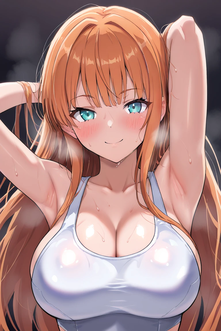 <lora:undressing_another_v0.5:1> 
clothes pull, 1girl, large breasts, bare shoulders,  arms behind back, breasts out, assisted exposure, pulled by another, pov hands, one-piece swimsuit,, masterpiece, best quality, highly detailed