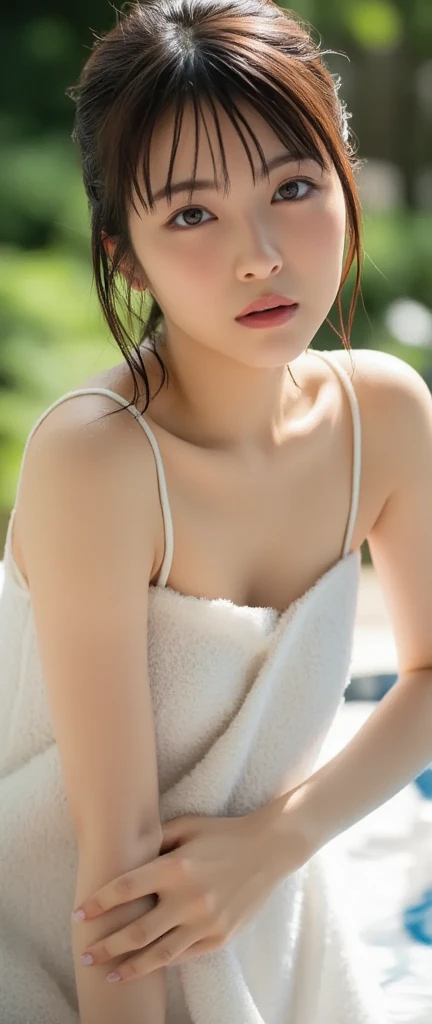((Highest quality, 8k, masterpiece :1.3)), One girl, Beautiful woman with slim abdominal muscles :1.3, (Random Hairstyles, Huge breasts :1.2), Wrapped in a bath towel :1.2, hot spring, Highly detailed face, Fine grain, double eyelid、Japanese women