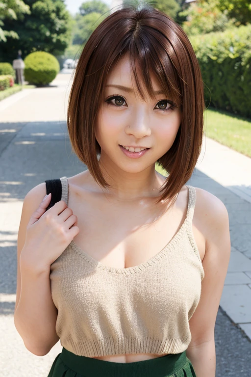 hyper realistic, 1girl, teen, beautiful face, perfect, white skin, looking at viewer, modeling, smile, ochako, brown hair, miniskirt, on the park, pink shirt, cleavage, medium breasts, sitting, natural pose