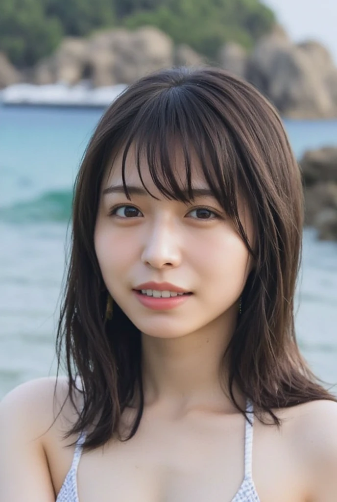 (highest quality:1.2, 8k, Sharp focus, masterpiece: 1.2, Natural light, Highly detailed CG, beautiful girl:1.2, reality, Detailed facial textures, Cute Bikini、Realistic Skin, Beautiful Makeup, Octane Rendering, grow, fine bangs)), (Depth of written boundary), Bokeh Background, smile, Long hair with detailed, vibrant two-tone brown and silver coloring, Cowboy Shot,  Wind, From the side