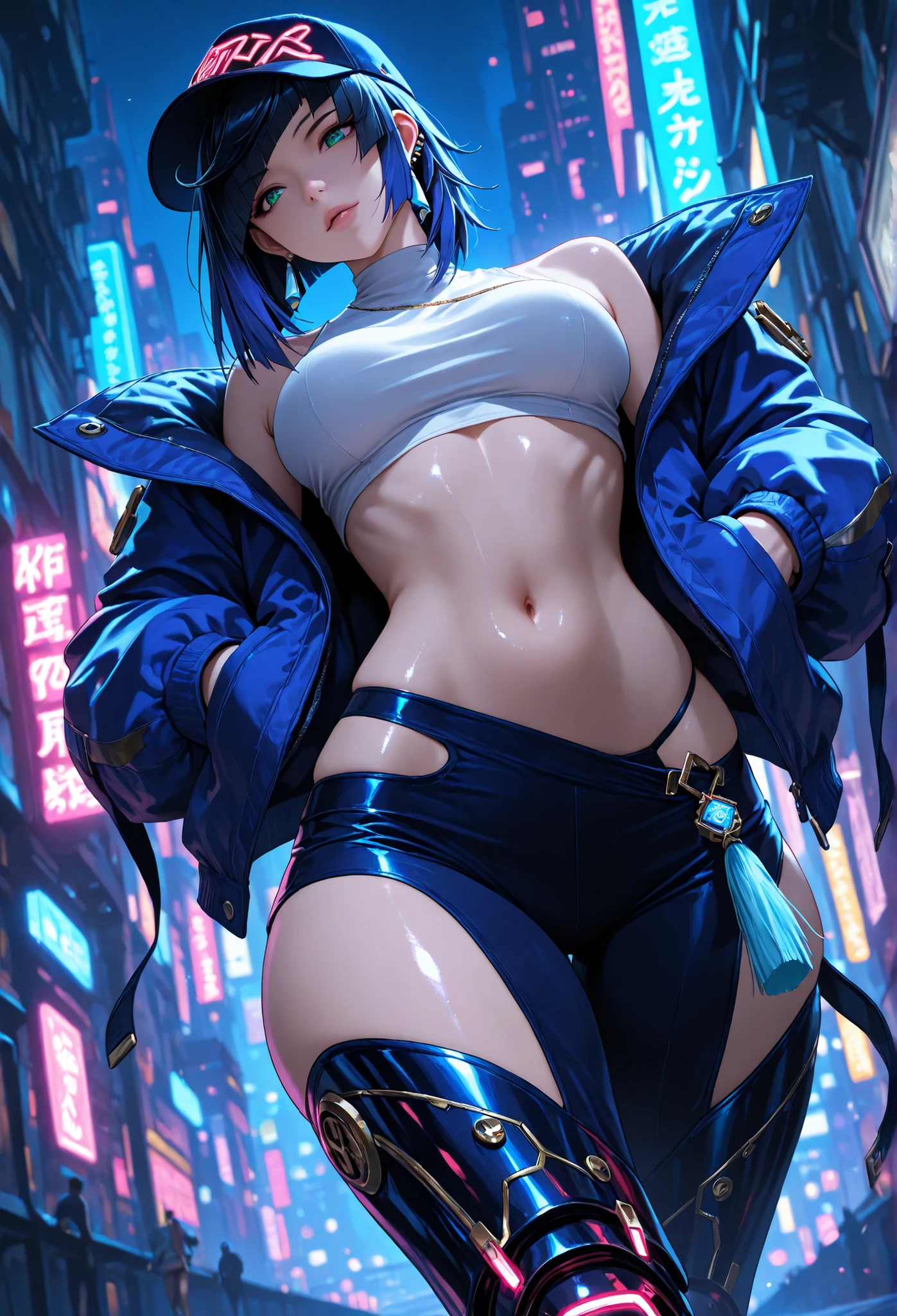 detailed background, masterpiece, best quality, smile, ornament, hoodie, portrait, beach, graffiti, darkness, night, glowing eyes, huge moon, upper bikini, lower leather pants, black and blue gradient hair, short hair, charming eyes, hands behind your back