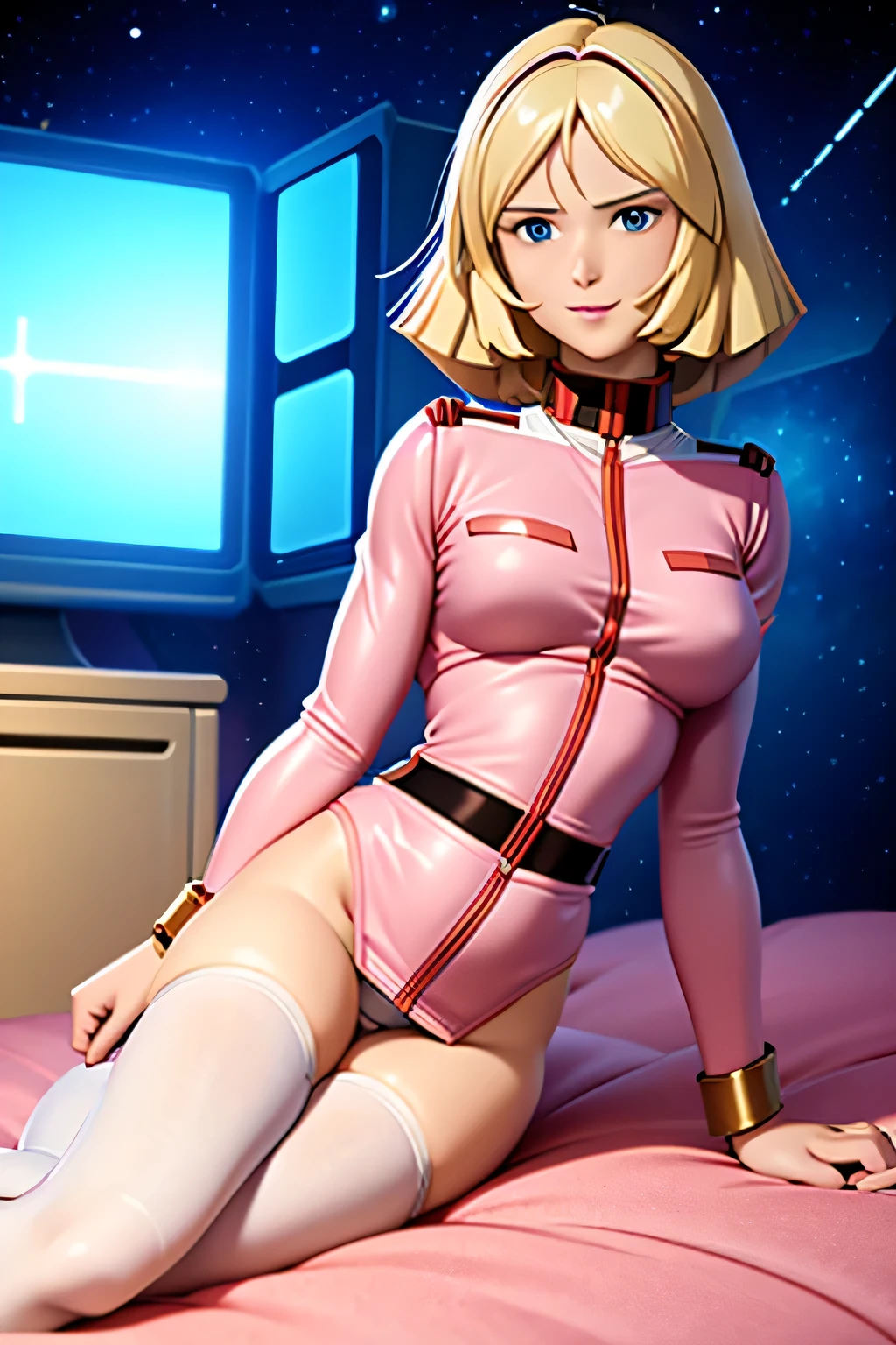(Sayla Mass=15 year old beautiful girl:1.97), blonde bob cut, ((Sayla Mass fucks a guy in uniform:1.9999)), (masterpiece complete limbs 8 heads and bodies full finger realistic highest quality High resolution real women pictures:1.79), realistic, (Earth Federation Army Uniform Peach-colored uniform Girl in uniform:1.97), (Fucking a guy in cowgirl position:1.7), curved body, Beautiful depiction of the vagina, (slender body shape:1.7), Sayla Mass spreads her legs wide open and rides a guy's penis, thin waist, Beautiful thighs, (All the skin is so beautiful), (penis enters vagina:1.97), (The body is wet with lotion), ((Sayla Mass fucks a guy:1.79), saddle, (accurate limbs:1.79), beautiful small face elbow knees armpit, (put your hands behind your head:1.5), (lips slightly open), Sayla Mass is the cutest, (man exposes penis:1.5), in cowgirl position, (The uniform is pink:1.79)