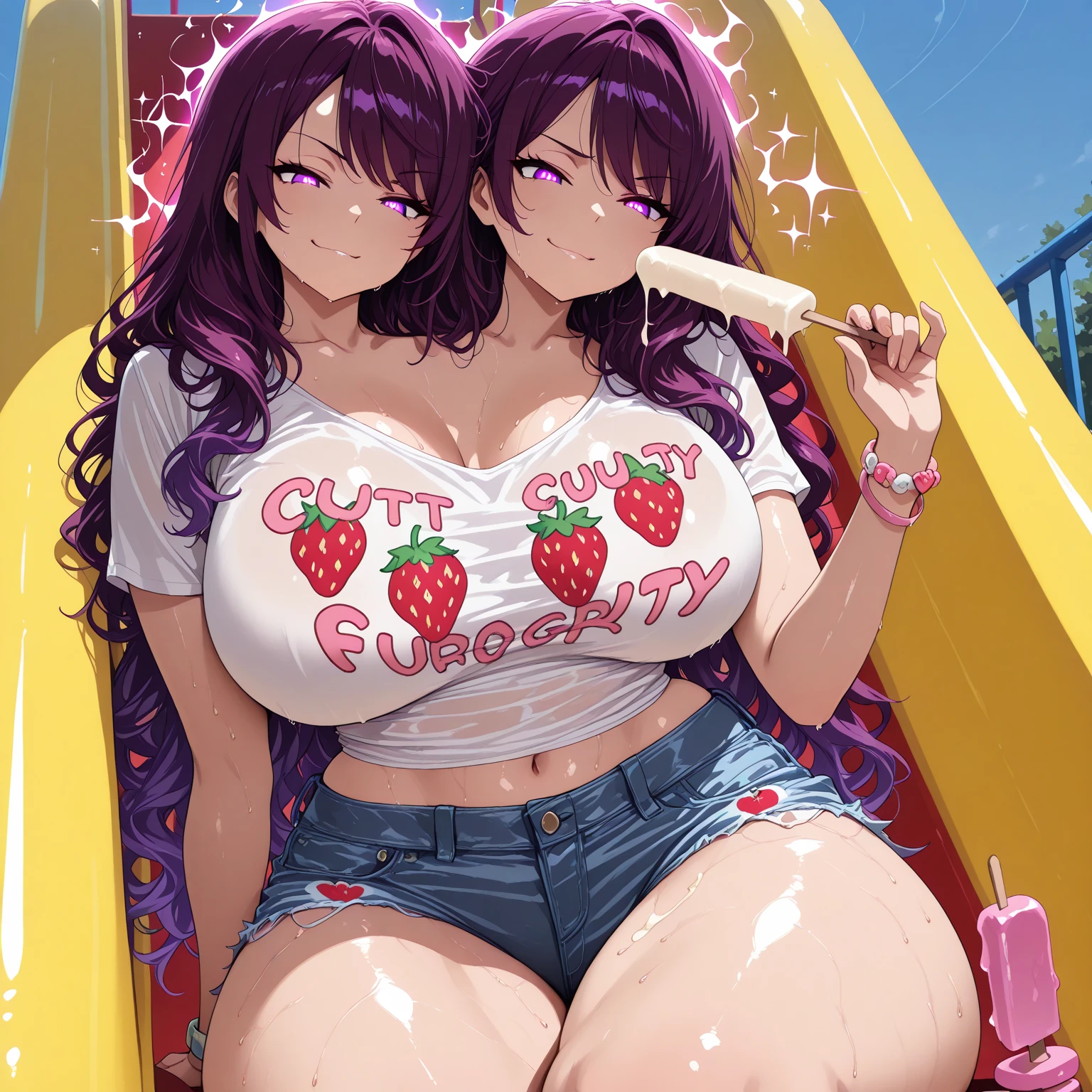 2heads, tall chubby woman with 2 heads. At the pool. Lounging in the pool, laying down on inflatable floating pool raft. Short messy pink hair. Wearing a beanie. Wearing a swimsuit. Many piercings and tattoos. Eyeliner, baggy eyes. Mature, tall. Laughing, happy. Seductive pose, sexy pose.
