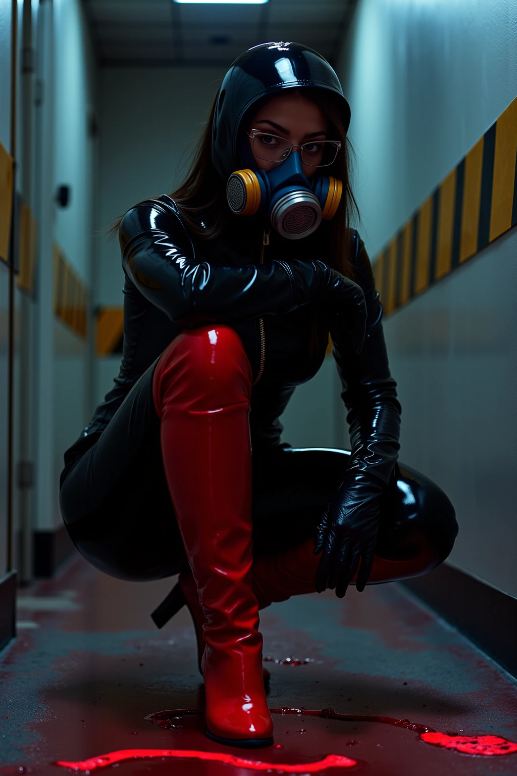a very beautiful and very thin girl, wears black underwear with tights and latex face mask. Dunkler Raum mit nur roter Neonbeleuchtung. Viele Details, extremely realistic. good quality, 8k