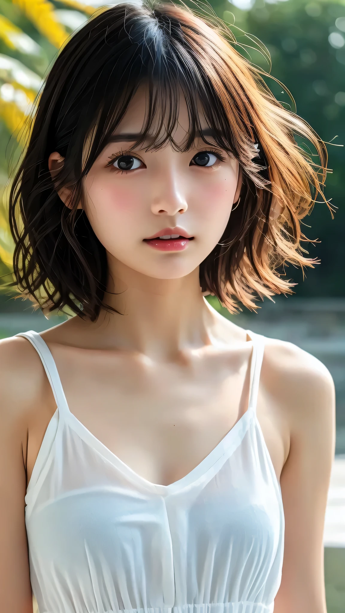 masutepiece, Best Quality, Illustration, Ultra-detailed, finely detail, hight resolution, 8K Wallpaper, Perfect dynamic composition, Beautiful detailed eyes, Women's Fashion,Very short hair,Small breasts natural color lip, (full body shot), (hold one’s head:1.3) , (blush:1.2),Harajuku、topless, 20 years girl、Cute、Sexy shot looking at camera