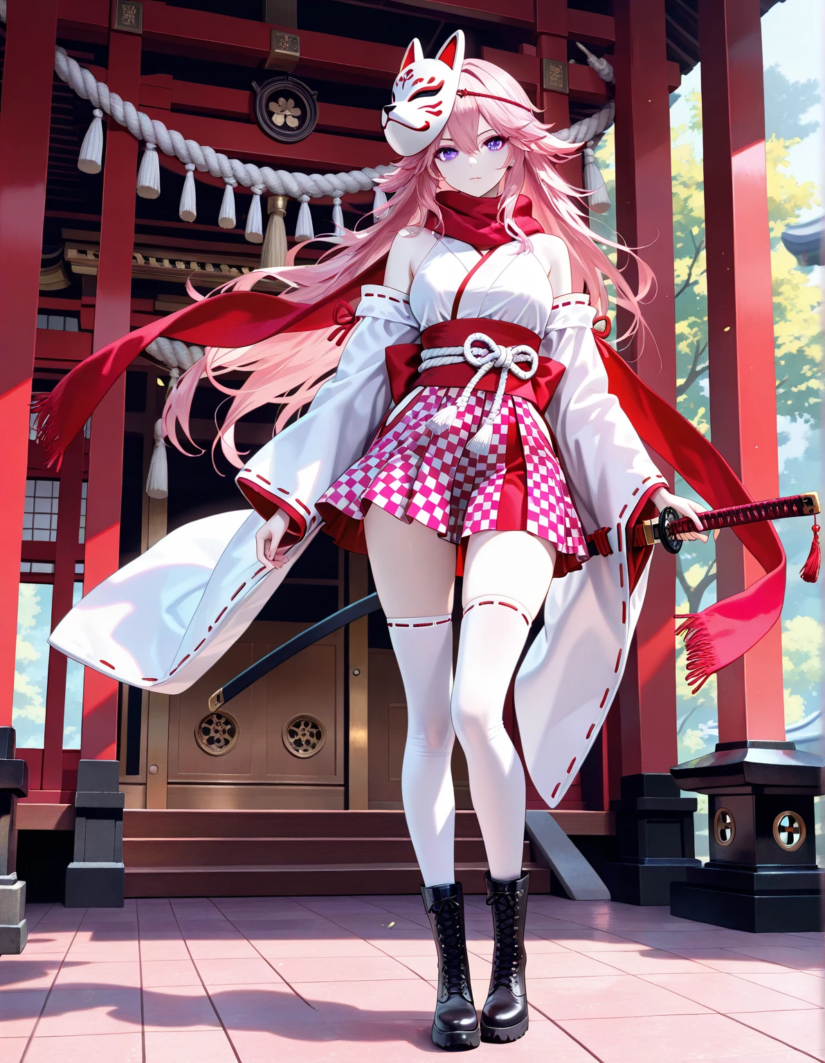 Work of art, same character different poses, fearless adventurer, vibrant pink hair, enigmatic amber eyes, modern kimono, floral prints, high boots, horned headband, ancestral sword, determined look, mischievous smile, arched eyebrows, free spirit, strength and bravery, loyalty and protection, traditional-contemporary fusion, energetic personality.