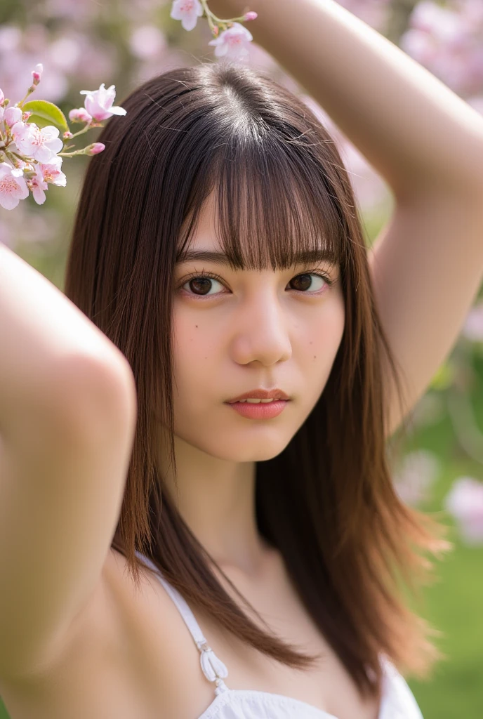 (extra detailed body、extra detailed face、best qualtiy:1.2)、femele、looking at the viewers、(pink bra、JINS)、(pink bougainvillea chaos in the background:1.4)no bangs, double eyelids,black hair, (Small Breasts)