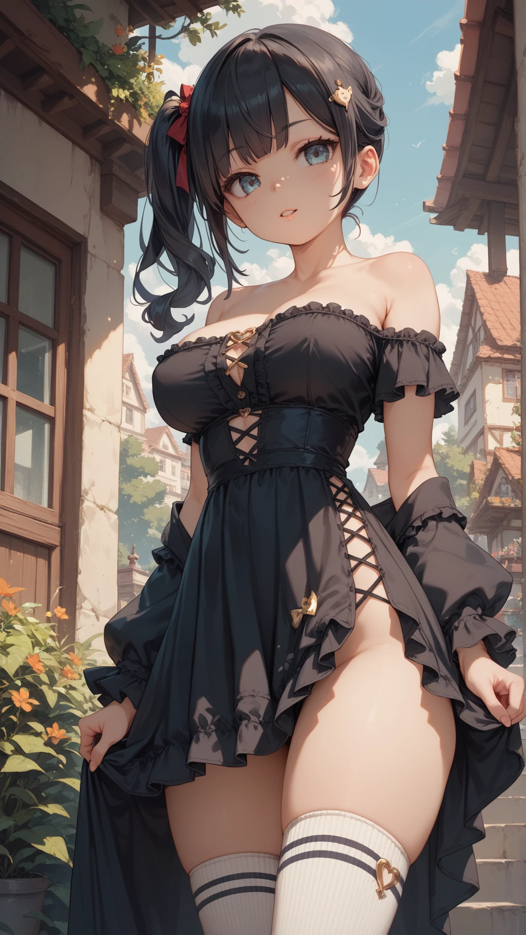 masterpiece, best quality, tachibana arisu, solo, (petite), brown eyes,brown hair,half updo,hair bow,
sad smile, standing, gothic lolita, (open clothes), (clothes lift), small breasts, nipples, pussy, garden,