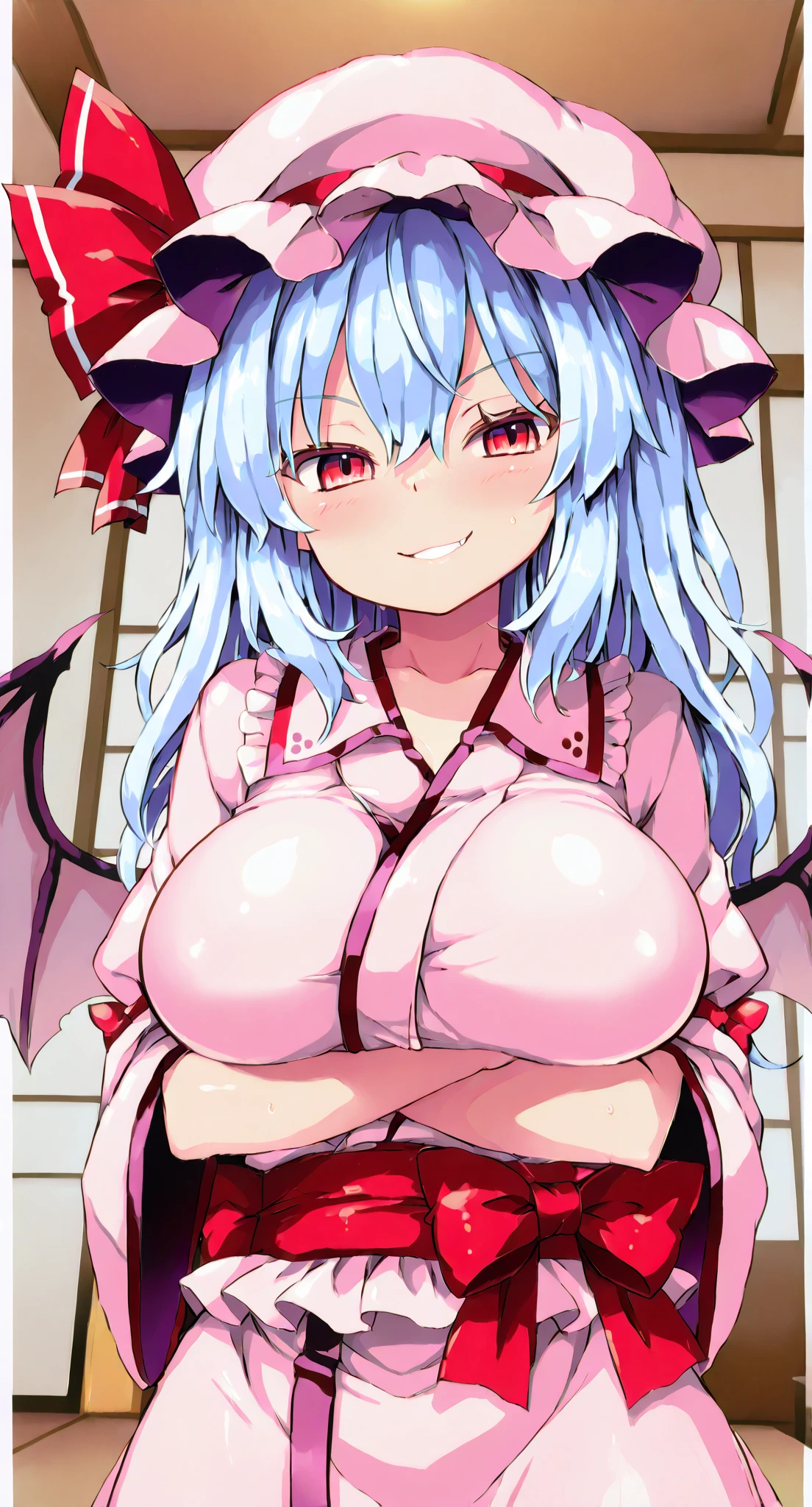​masterpiece、top-quality、1girl in、Mob Hut、bow ribbon、blue hairs、red blush、the bow、ascot、wingspan、Night Pool Background、Colossal tits、A sexy、remilia scarlet、full body seen、Emphasizes cleavage、Shy face、the whole body is wet、fullnude