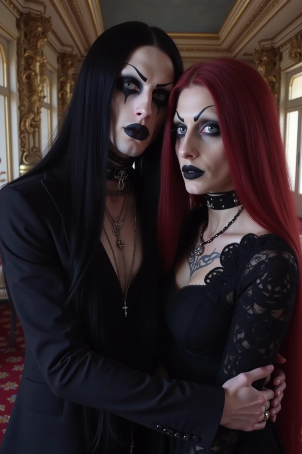 Homem e mulher vestidos de preto posando para uma foto, com pintura facial de metal preto, Black Metal, estilo Black Metal, pintura facial de metal preto, Black Metal Aesthetics, black metal rococo, corpse paint, Marduk, metal escuro, ouro e metal preto, com seus longos cabelos pretos, lo gothic!!, banda de Black Metal cyberpunk, com preto