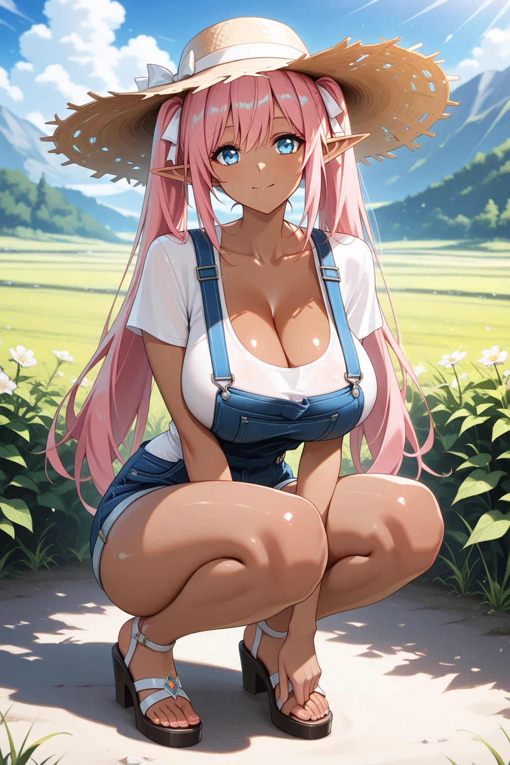 one girl, (dark skin++), pointy elf ears, pink hair, twintails, pretty face, pink eyes, pink choker, pink cardigan, big boobs, looking at viewer, pale red lips, defined brows, thick thighs, pink short dress, tight dress, pink legwarmers, laying on grass, (picnic date), legs raised up, sunny day, barefeet, pretty smile, looking at viewer, sweaty feet, (feet focus)