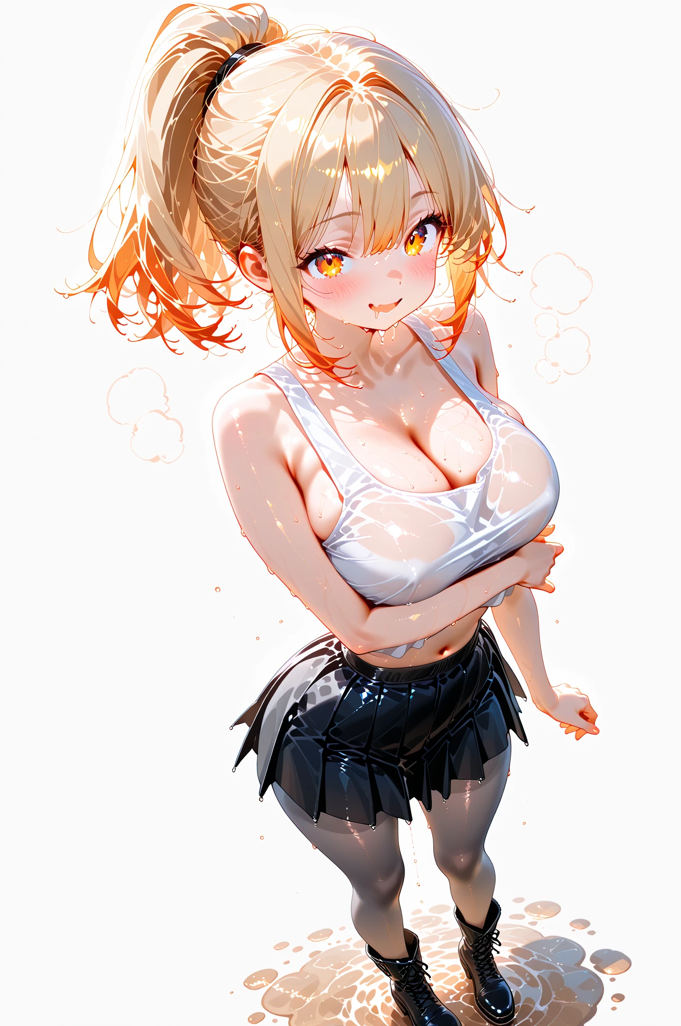 1 female,golden hair,25 years old,(((blue shiny micro tight skirt)))((white tank top))(((blush、open mouth smile)),(((straight hair))),(((portrait))),crowd,,(wet with sweat)(sexy black bra and see-through tank top)()(((small breasts)))leather thigh high boots