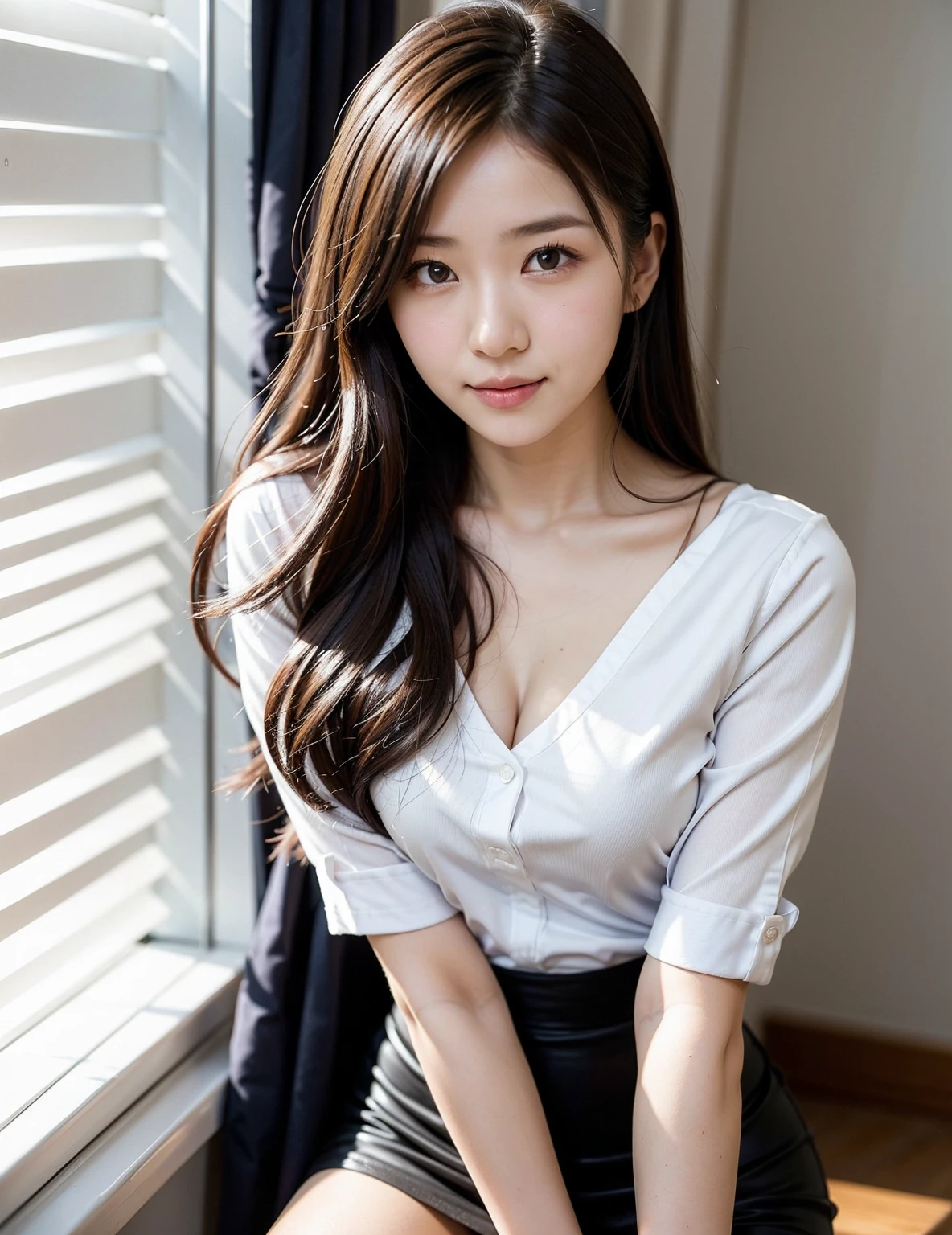 (RAW Photos), (Realistic), (masterpiece), (highest quality), High resolution, 8k, (Intricate details), (Volumetric Light), Portraiture, woman, Age 35, Medium Hair, Straight hair, Medium Chest, Accentuate your cleavage, Layered Hair, Brown Hair, Very beautiful eyes, Source order, Very thin eyebrows, Very fine skin, Very beautiful mouth, Very nice nose, Cute like an idol, smile, (Thick lips), (Looking at the audience), (White collared dress shirt), Above the knee shot,