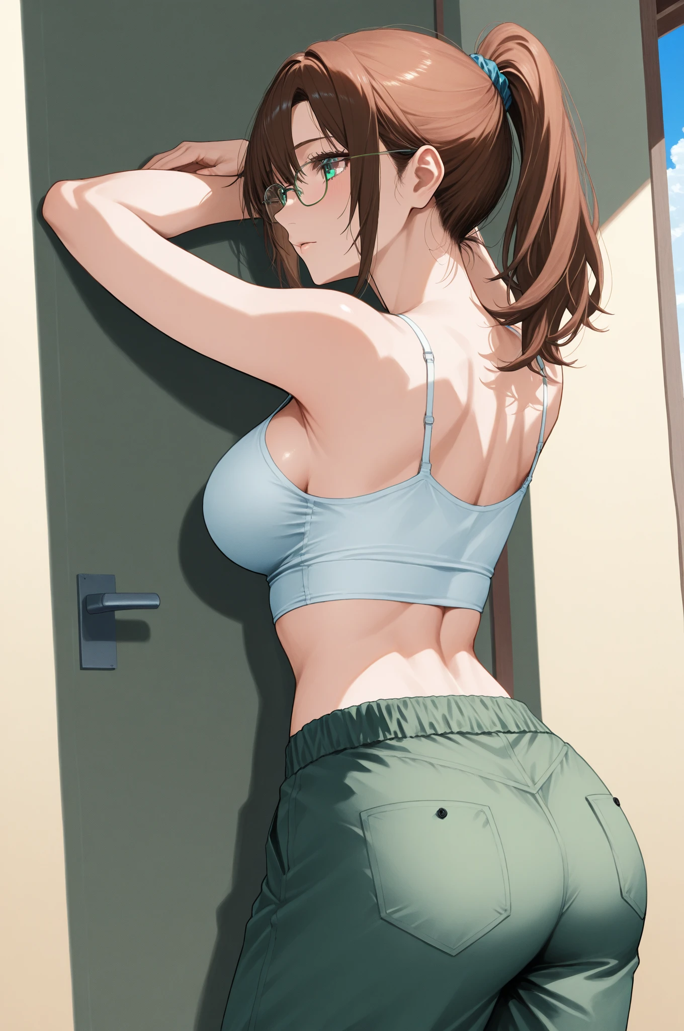 absurdres, best quality, 1girl, solo, eye focus, looking at viewer, Miku, big boobs, black bra , brown hair, standing, green screen