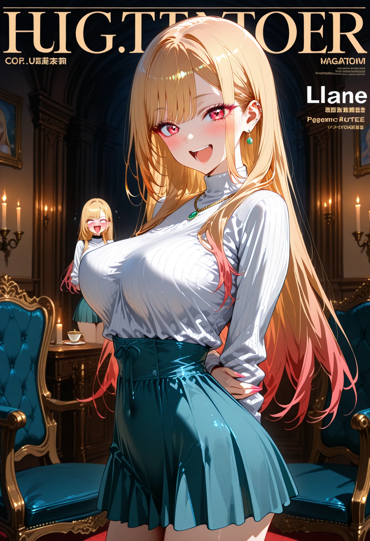 (small breasts:1.2), (perky chest:1.2), (pointed chest:1.2), (Pudding cake magazine cover:1.3),(from above:1.0),(shoot from the side:1.1),masterpiece, 1girl, Amazing Cleavage:1.1, thin waist, optimum,tmasterpiece,hight resolution,best qualtiy,hyper HD,super detailing,awardwinning,a 18yo cute girl,(The upper part of the body),anatomy correct,Beautiful Black miniskirt,garters,Gaze,Small face,bangss,holster,Beautuful Women,hands up,leg holster,Gaze,black boots,Cowboy Shot,cute face,a blond,Longhaire,Twin-tailed,Braids, Hairline,（scarlet eyes）,long eyelasher,Hanging eye corners,White skin of the, ((see through camisole:1.1)), ((Sheer nipples:1.0)),Rocket Tits,(Slim body),smile,seductive weak smiling,(with sparkling eyes and a contagious smile),little open mouth, Looking at Viewer, 