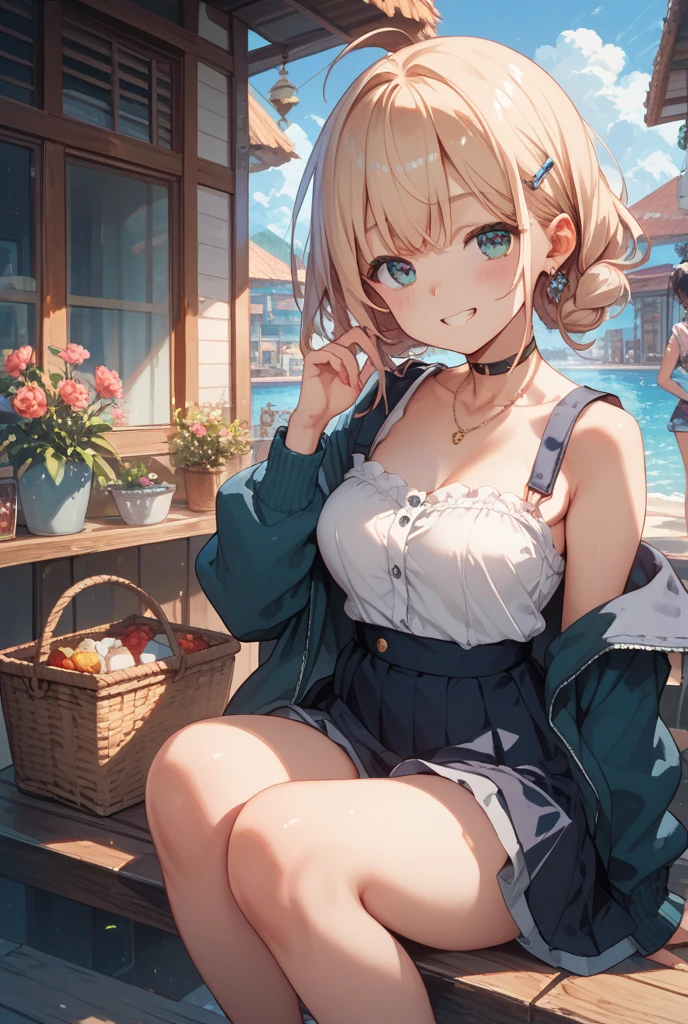 (small breasts:1.3), (perky chest:1.1), (pointed chest:1.0), (Pudding cake magazine cover:1.3),(from above:1.0),(from side:0.9),masterpiece, 1girl, Amazing Cleavage:1.1, thin waist, big ass, Raised sexy, small breast: 1.3, sexy posed cleavage:1.2,solo, open mouth, have a cute grass of cute beergrass,bronde hair, dark blue eyes, dress, bare shoulders, jewelry, collarbone, sidelocks, hairband, earrings, indoors, off shoulder, sweater, arms behind back, plant, short hair with long locks, gild hairband, sweater dress:1.2, off-shoulder sweater, red sweater, dark gord hair, big side hair, very long side hair,is rendered in (masterpiece: 1.2, best quality), with (ultra high resolution) and an exquisite (depth of field). This masterpiece is not only visually stunning but also tells,A scene of cooking in the kitchen in the classroom ,looking at viewer,