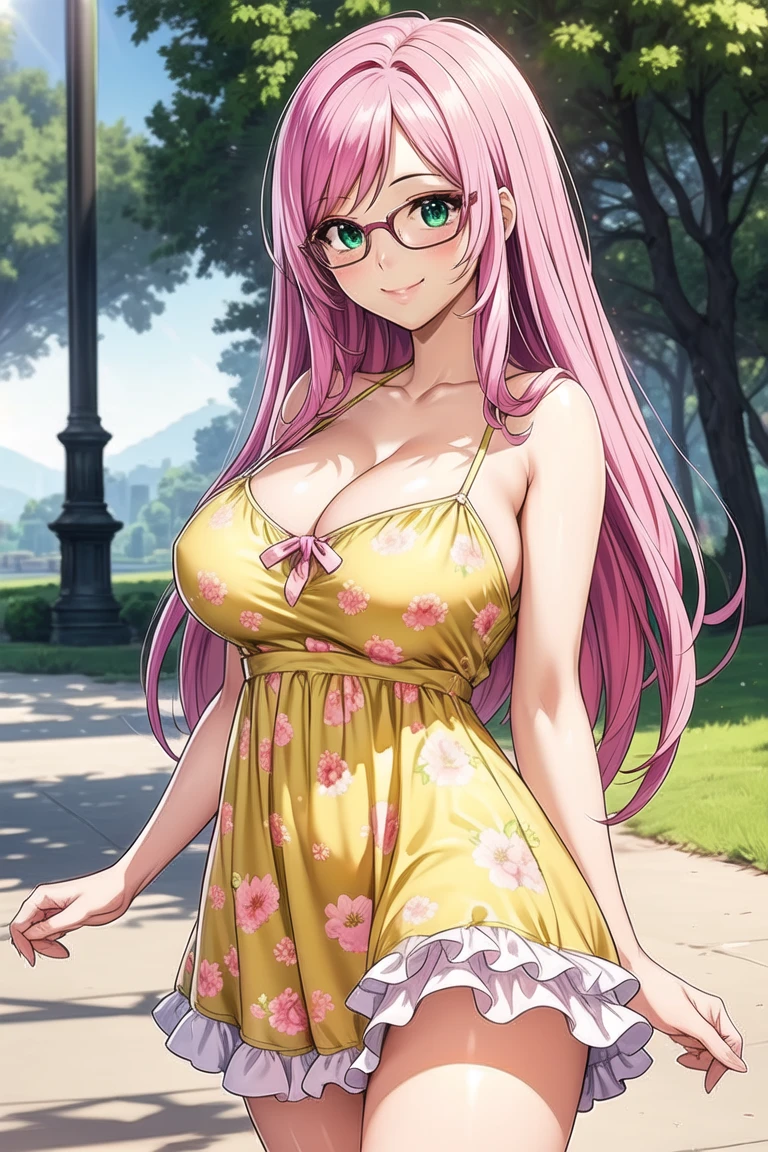 Long yellow curly hair ,busty ,purple eyes ,gyaru ,wearing blue snow jacket ,stand next to bus station ,holding a lether fashion bag , wearing short blaxk skirt ,visable thight ,pink nails color ,smiling face ,waving to the viewer,gyaru, tied shirt, open clothes, bikini, leopard print