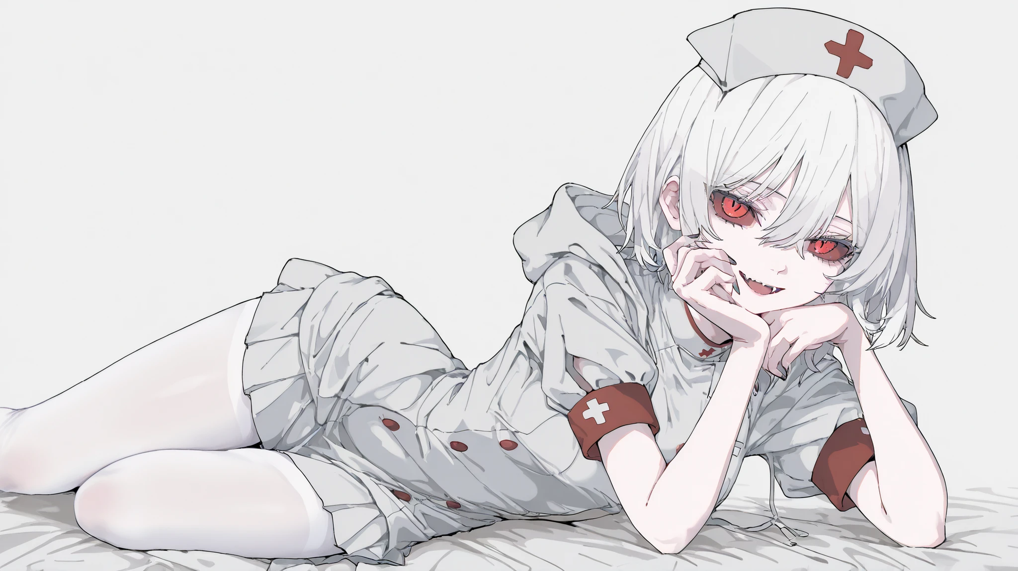 masterpiece ,best quality ,great quality, Uzft 32,
Gardebova, solo, 1girl,sexy,Ghost Girl,pure white skin,Tall,Red sclera,white hair,Patten's shortcut hair,white nurse clothes,hooded,miniskirt,white tights,I'm watching a cartel