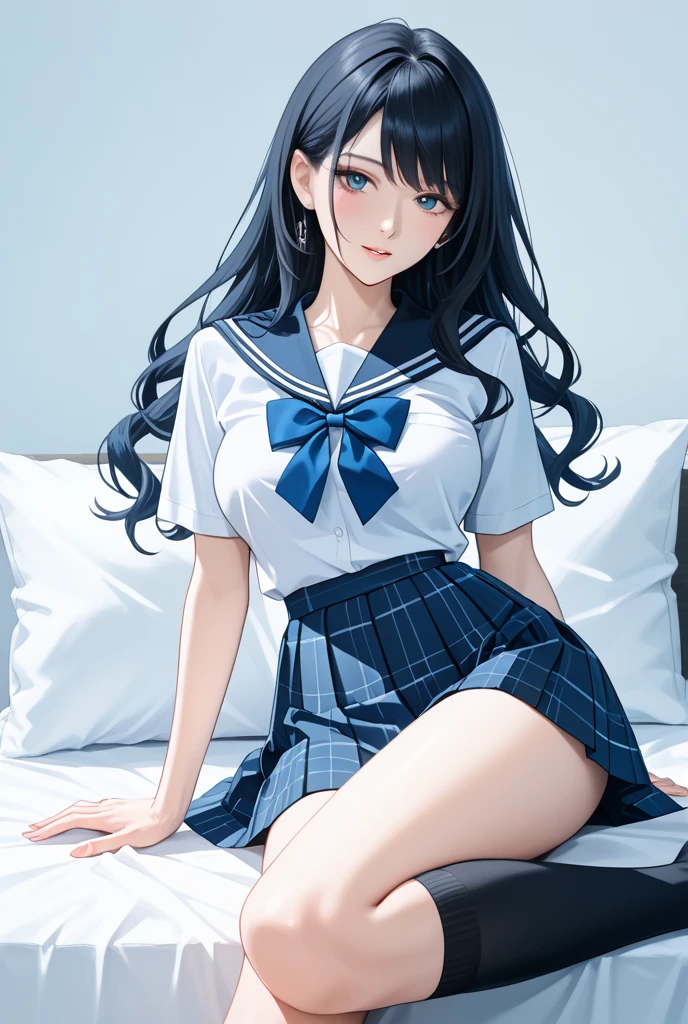 Beautiful illustration、top-quality、Cute little girl s、Bedroom、A blue-haired、length hair、(((blue pleated skirt)))、(((blue sailor suit)))、shortsleeves、Colossal tits、a navel、Flipping up the skirt with your hands、Show white panties、Pull up your skirt and show your panties、bare-legged、red eyess、on the beds、lovely thighs、glowing thigh、floating hair、wind、skirt lift by myself、surprised