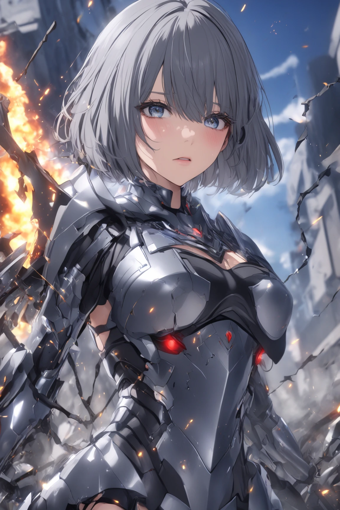 (best quality, masterpiece:1.2), extremely detailed,beautiful eyes, beautiful hair, beautiful face, beautiful skin,sweat skin,
1 girl, solo,22 years old girl,dutch angle ,short hair,floating hair, wind, midium breasts,(angry:1.4),
<lora:mecha_V2:0.4>,mecha,mecha_musume,cyborg,robot,weapon,large weapon,(frame damage,battle damage:1.6),(crack body armor:1.2),(dirty armor:1.2), shot in the wing,
mechanical_wings,thrusters,<lora:mechanical_wings-000007:1>,
sky,cloudy sky,night,