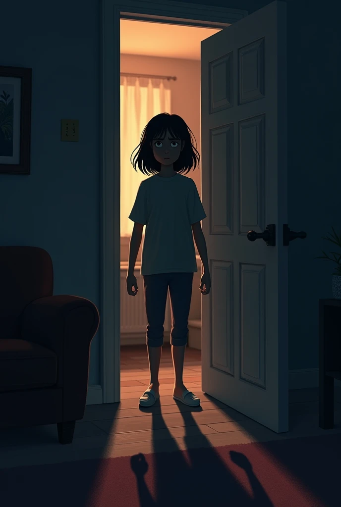 Sentence: "Just when she thought she would lose her mind, everything suddenly went silent."Prompt: Ayesha standing still in the middle of a dark hallway, her face showing despair. The house around her is eerily quiet, with the shadows and whispers suddenly gone.3D animated cartoon