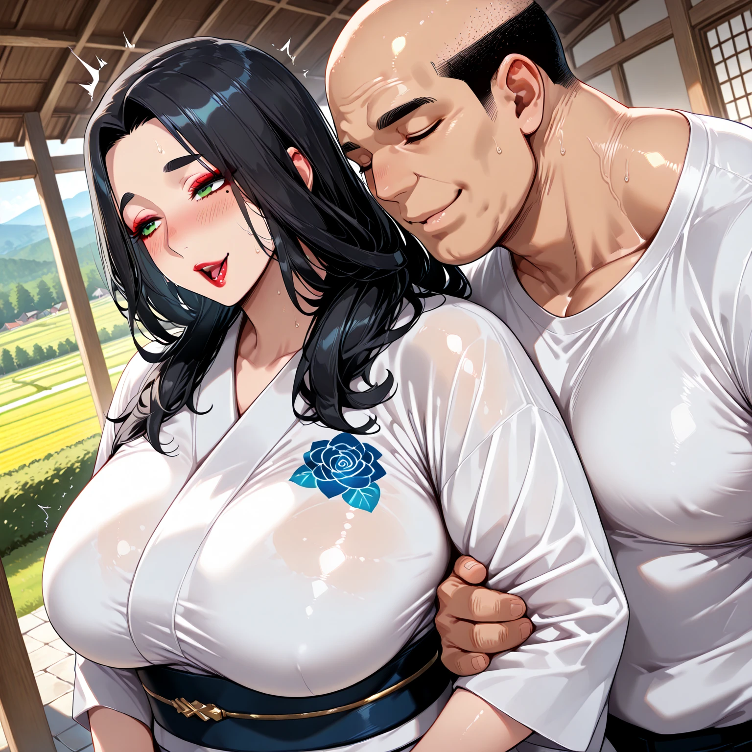Hot sexy beautiful milf intense sex with ugly bald old man in butterfly position, tassel earrings,big breasts, lipstick,makeup,black hair,long hair,blush,black eyes,1 girl,1 boy, necklace ,cross hair between eyes, single braid with blue ribbon, lingerie ,ahego face, nipple piercings