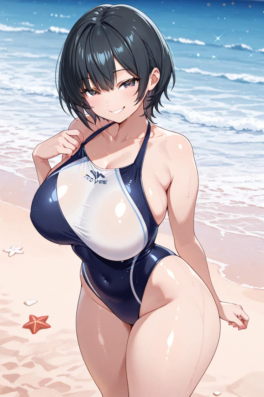 black hair,short hair,bigger breasts,
black and white leotard_type_swimwear,sea,wet body,flower on head,wet hair,very very cute,slutic smile,heart eyes,cheek blushing,