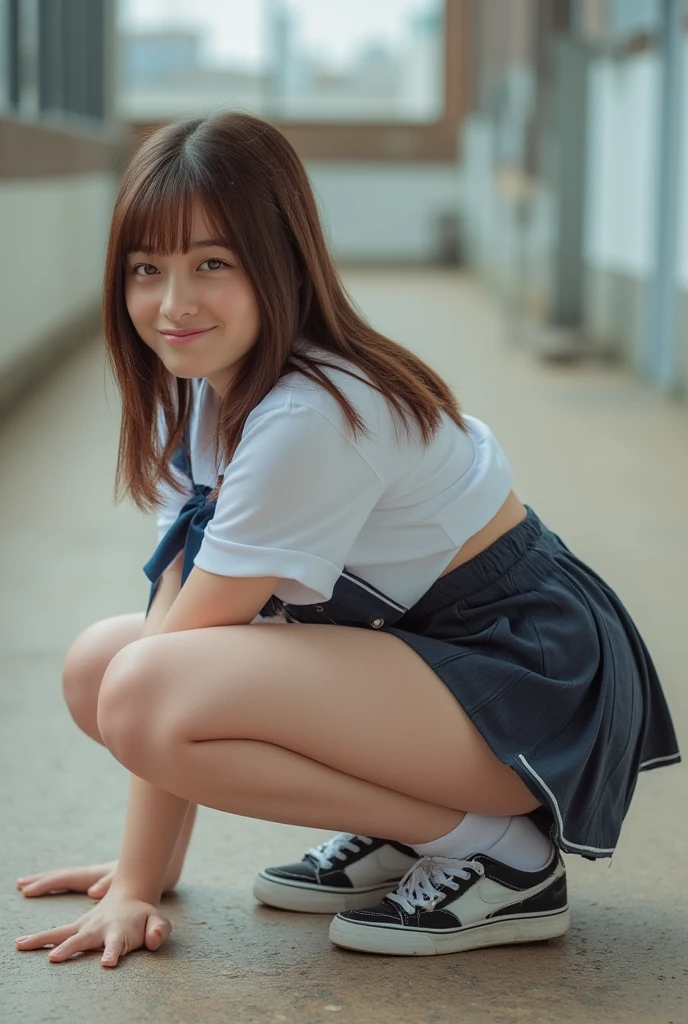 Top quality, masterpiece, raw photo, classroom, (realistic junior idol), junior high school, twin tails, thigh shiina, smile, skinny, good style,, striped panties, breasts exposed, nudity: 1.5, sexual innuendo, sitting, legs spread, crotch indirect shot, from below.