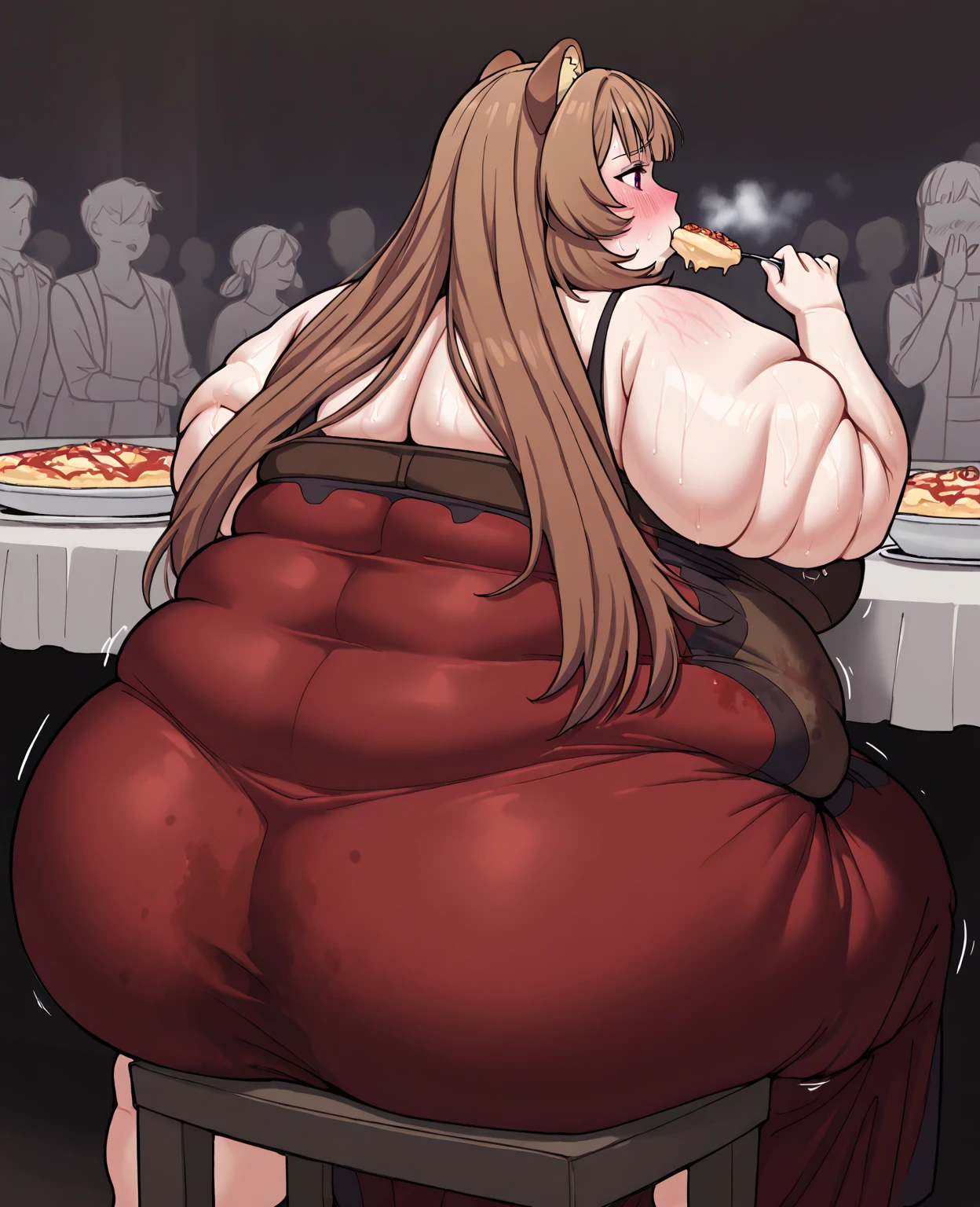 (((baby))), bikini, fishnet stockings squeezing thighs, Belly expuesto, ((hands on breasts)), ((red hair with fringe)), ((obese chubby))), ((fat face)), (((big belly))), (((open mouth))), fat and wide thighs, Belly, (((tender))), (((in a room standing in front of a large pizza))), detailed background, ((full body image)),