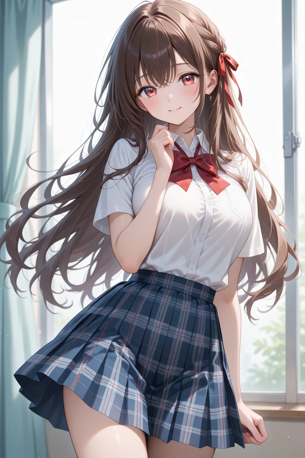 ((Tabletop, Highest quality, High resolution, , Pixel Perfect, 4K,))), 2 women, 、The whole body is visible、 ((Long Wavy Hair, bangs, Brown Hair)), ((Brown eyes, Beautiful eyelashes, Realistic eyes)), ((Detailed face, blush:1.2)), ((Smooth texture:0.75, Realistic texture:0.65, Realistic:1.1, Anime CG style)), Big Breasts, Dynamic Angle, Perfect body, (( , , Schoolgirl uniform、、White shirt、Pleated skirt、 、Floral lace panties 、)), On the way up the stairs、Big staircase in the city、、、Very embarrassing panic smile, 、、The gesture of holding the skirt with your hand、、、、、、 、Angle from below)、