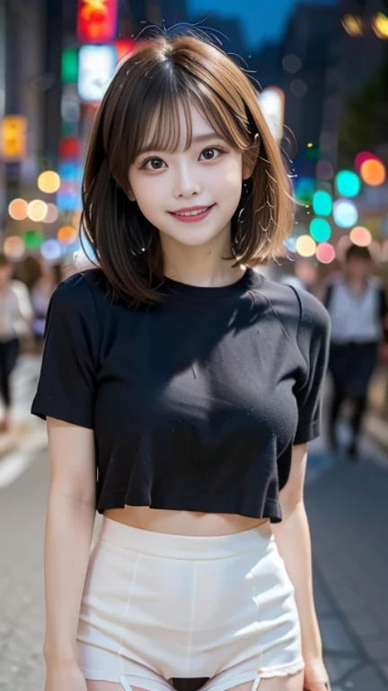 (Surrealism, RAW Photos, Unbelievably absurd, Nikon, 8K, Super detailed, masterpiece, Intricate details),
(Anatomically correct, The perfect human body, Beautiful and cute face, Silky skin),
(16 years old, Japanese Girls, Bored face, Haruka Fukuhara, Small waist and full body, Thin legs, Large Breasts, Baby Face),
((Round face, Black Hair, Short Bob Cut, bangs, Lowered eyebrows, Watery eyes, Shining Eyes, Small earrings, A slight blush)),
(Street Snap, Random Pause, Pinch the skirt),
(Looking down at the viewer, Looking at the camera, Close your eyes and smile),
((Micro Mini Skirt, flashy teen outfit, Small Bag)),
(Tokyo, Shibuya Ward, Main Street, Very busy roads),
Natural light, full length, whole body, Angle from below