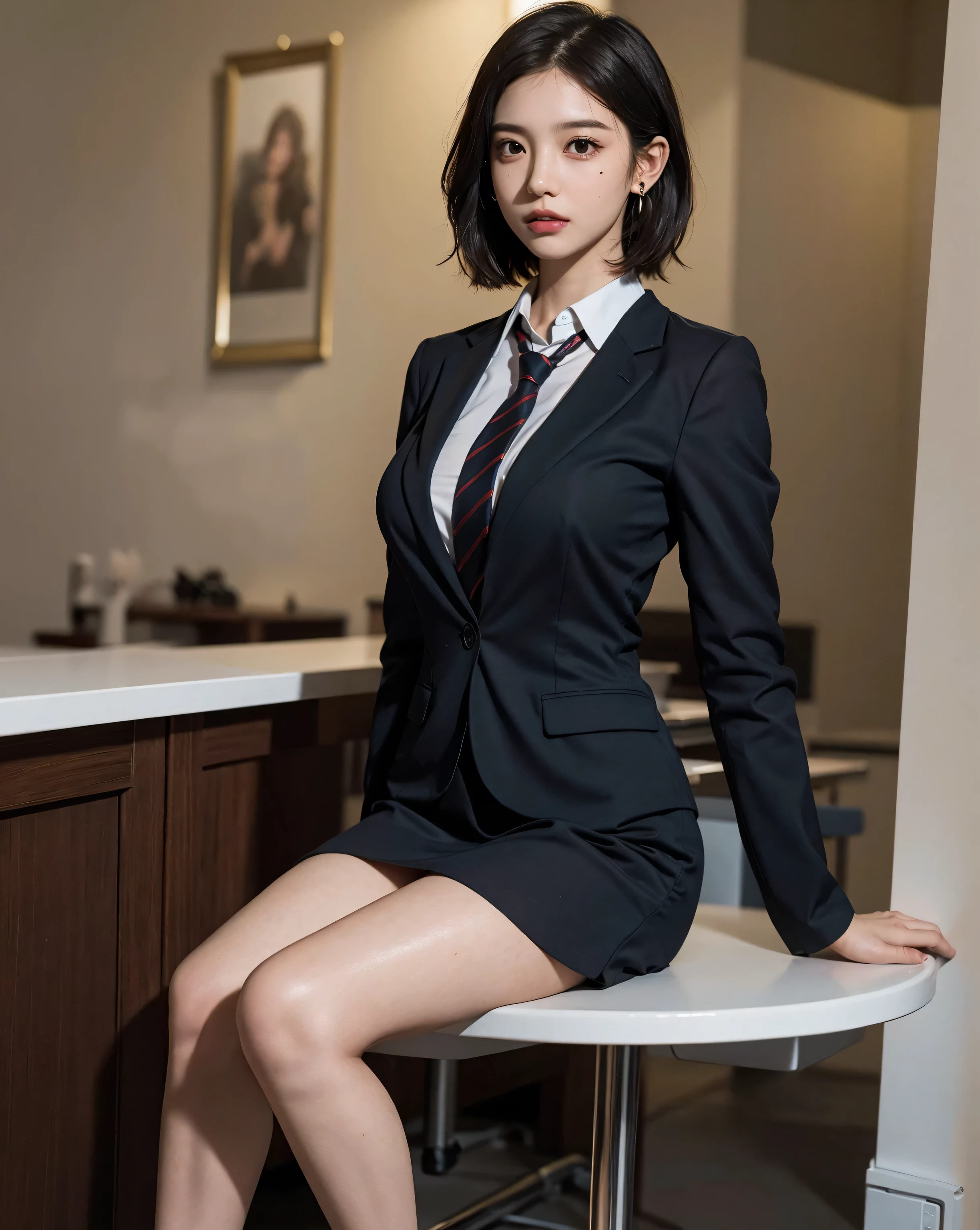 absurdres, RAW photo, extremely delicate and beautiful, masterpiece, Best Quality, ultra high resolution, 32k, hyperrealistic, ultra-detailed, perfect anatomy, perfect figure, super Detailed skin, Very detailed CG 8k wallpaper, in her 20s, very Slim body, narrow waist, very small head, very small face, delicate facial features, tearful mole, earring, thin legs, (very huge round breasts:1.2), full body shot, 1 girls, short hair, (wavy hair:1.2), (school uniform:1.2), (blazer), shirt,