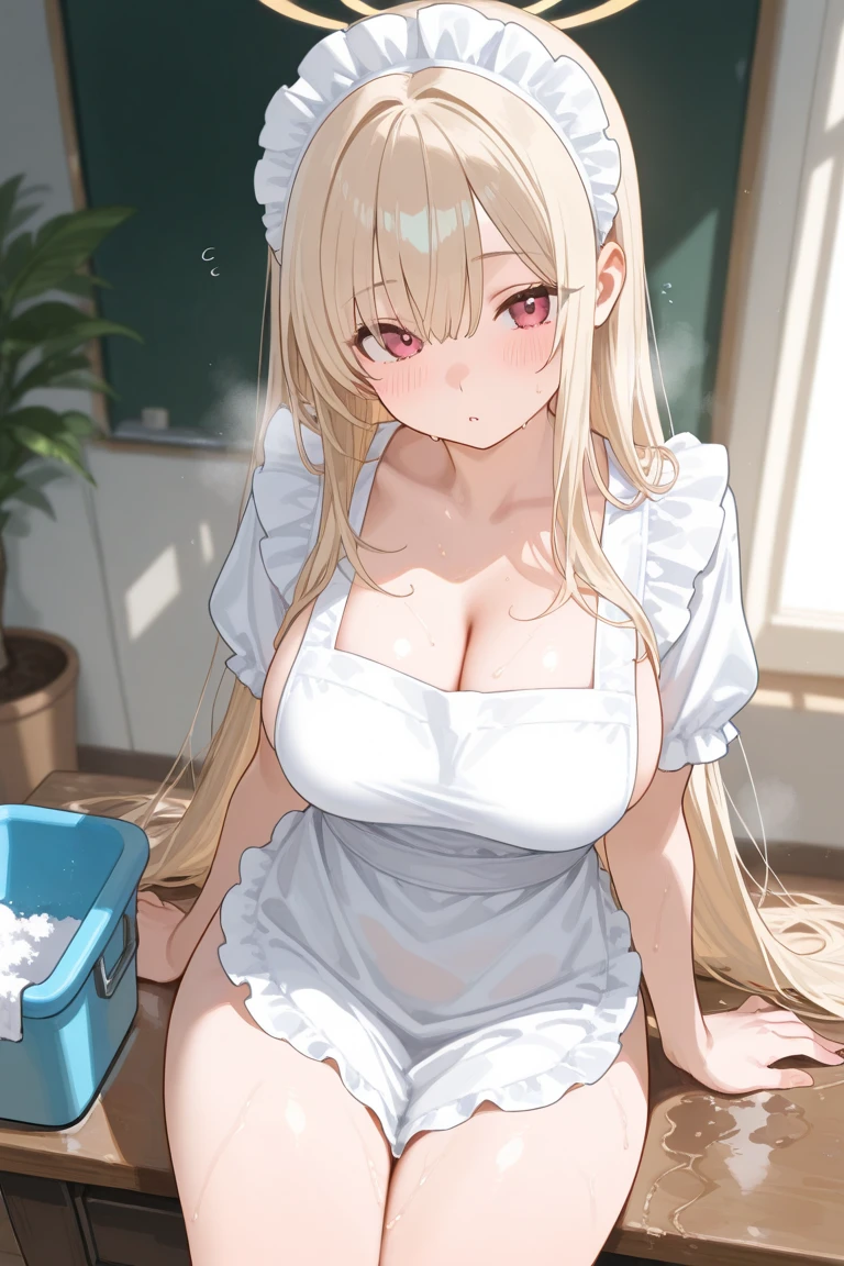 masterpiece, best quality, ultra high res,  (front view:1.5),(looking at camera:1.6),(beautiful eyes focus:1.6),(ideal ratio body proportions:1.5),( Perfect body skinny beauty: 1.6),(ultra beautiful detailed big eye:1.5), (embarrassed,red blush:1.5),beautiful detailed hair , beautiful detailed face, perfect feminine face, twintails hair, silver hair, (naked apron:1.6),(coverd nipples:0.8),(sagging breasts,big breasts:1.3), (huge cleavage:1.5),(open mouth:1.3),art by sakimichan, george kamitani, akira yasuda,Raita,(temptation pose:1.5),(love me tender:1.6),