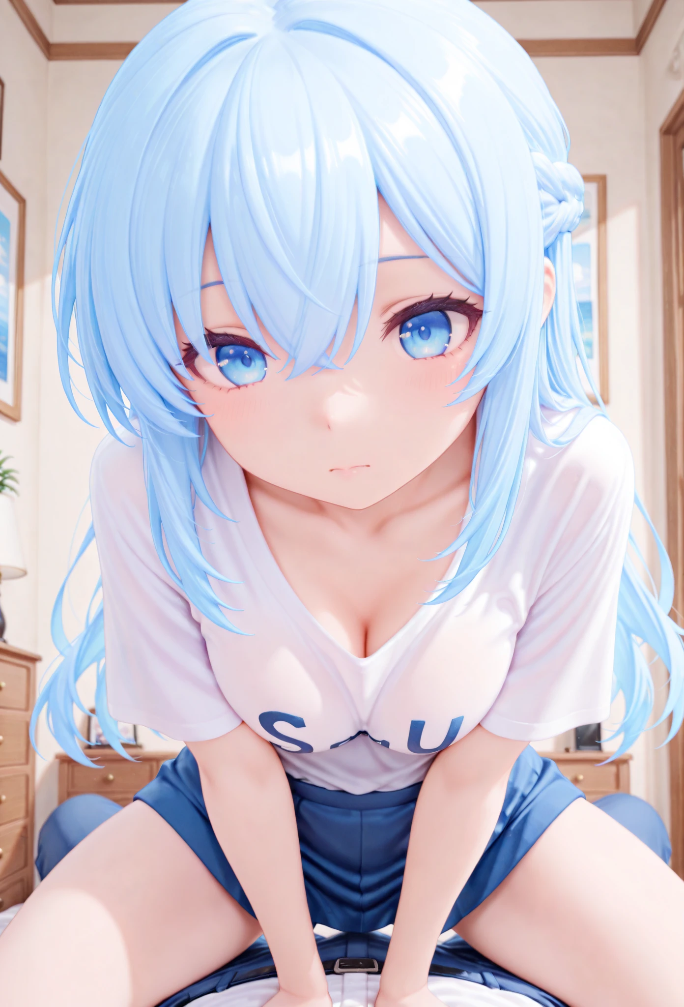 Wave torsion,cum shots,sexual act,violent shaking,lightblue hair,Teary-eyed,Having sex while being held by a man