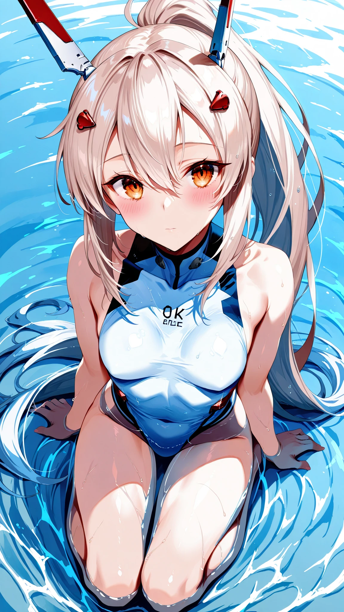 ((32k)), ((best quality)), ((ultra high res)), ((HDR)), ((UHD)), ((extremely detailed CG)), ((unity 32k wallpaper)), (1girl), ((14 years old)), (ideal ratio body proportions), very long hair, looking at viewer, blush, embarrassed, bangs, ((cleavage)), (((white competition swimsuit))), ((medium breasts)), closed mouth, ((white hair)), grey eyes, sitting, (morning), ((from front)), ((from below)), (nsfw), (Spread your legs wide), (knees up), sea side, wet body, wet hair, (blindfold),