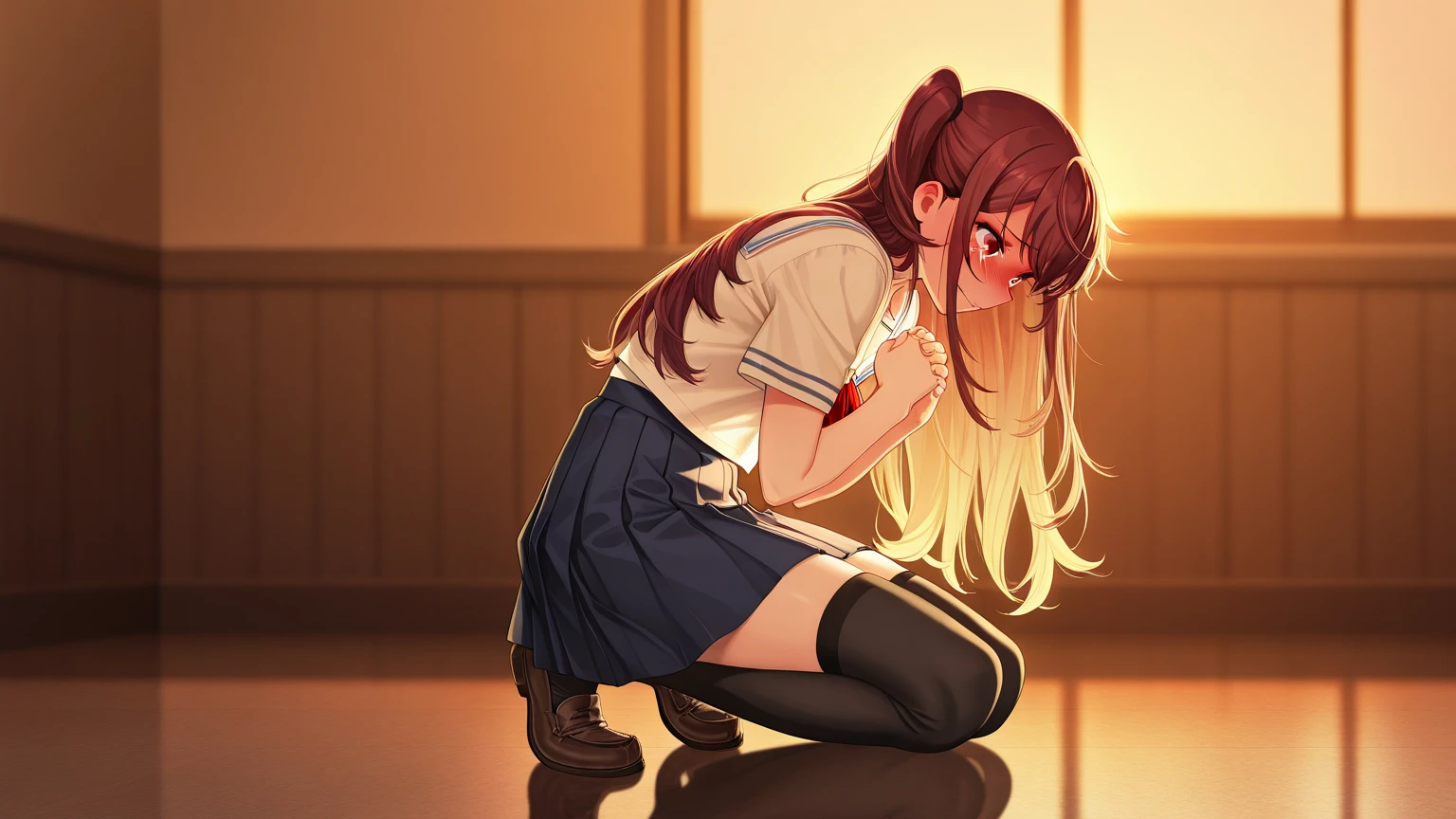 ((masterpiece,Highest quality:1.3,best quality illustration,realistic:1.3)),cowboy shot,独奏,1woman,(20-year-old、Japanese Beauty)、brown hair,long hair,center parted bangs,brown eyes,gorgeous eyes,((very small head:1.3)),tears,shy,((very long body:1.2,skinny)),medium breasts,(tan skin:1.5), (gleaming skin,toned body,slender body),sweat,(White sleeveless、navel、Yellow pleated mini skirt、Love juice)、squatting,Concert Stage、
