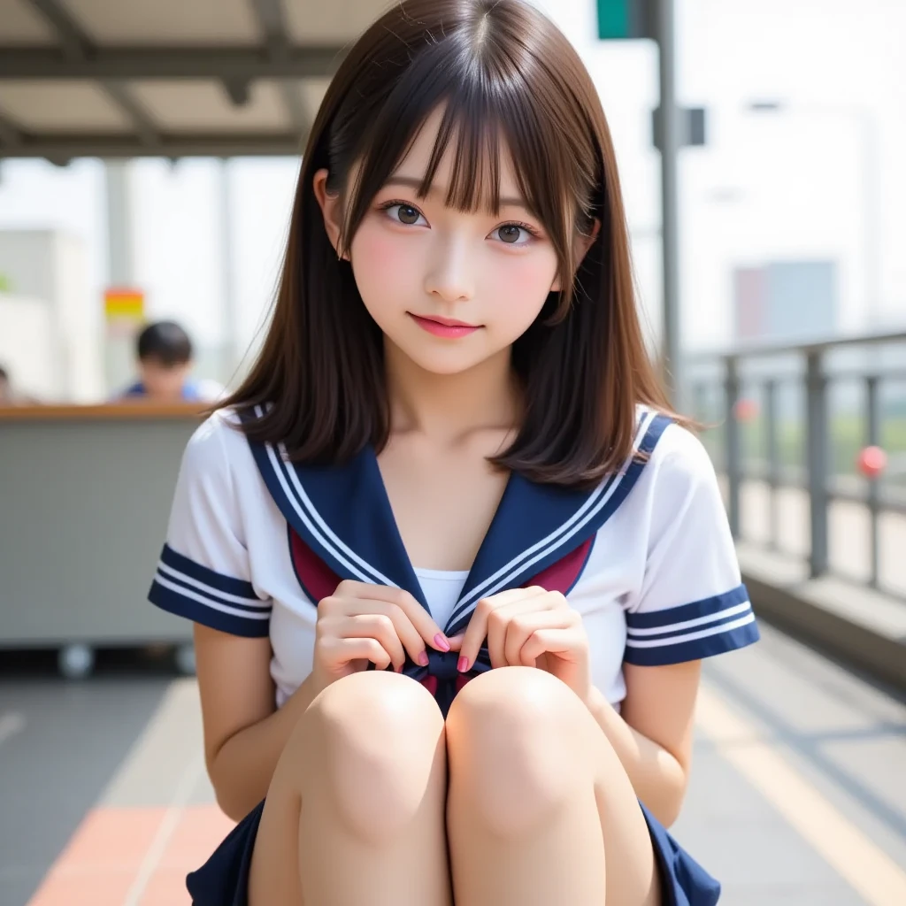 long eyeslashes、Beautiful double eyelids、Sanpaku eyes、Duck mouth、(8K、Raw photography、top-quality、​masterpiece:1.2)、(reallistic、Photorealsitic:1.37)、The ultra -The high-definition、1 girl in、cute little、Colossal tits、beautidful eyes、cleavage on the chest、perfect bodies、Perfect fingers、profetional lighting、goddess of Japan、gravure、Detailed face and skin texture、A detailed eye、Raw photo、90 degree knees、heels on the ground、hands in front of feet、hug your feet、Knelt、Walkway、Raw photography、超A high resolution、Beautiful face in every detail、Realistic human skin、Gentle expression、front-facing view、angle from bellow、length hair、cute little、a short skirt、Squatting deep in the city、cute school girl、Japan schoolgirl uniform、Surreal High School Girl、(((white panty)))
