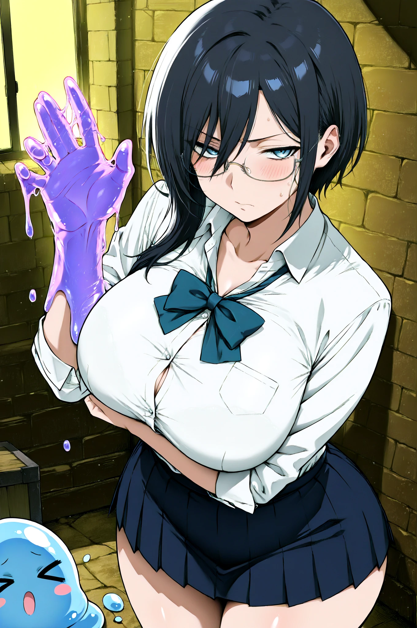 masterpiece,Big Breasts,beauty,Purple glasses,Black Hair,Side Ponytail,Bloody,rabbit mask,Has an axe,heavy rain,Wet with rain