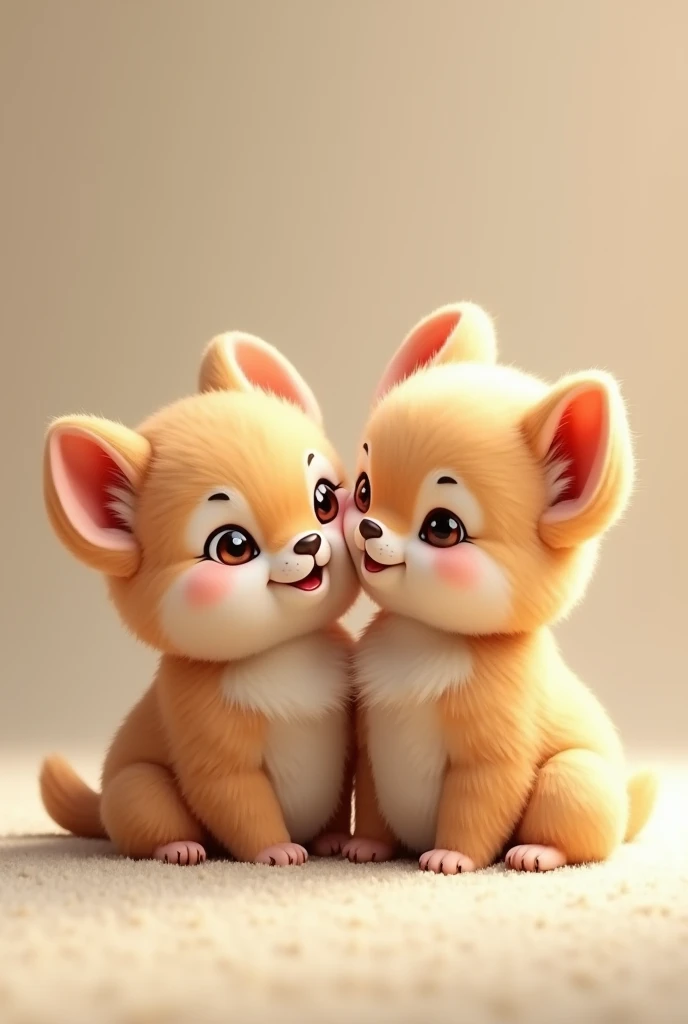 Two adorable newborn cubs licking each other's lips show off their tiny features and soft fur with warm natural light that illuminates their flawless expression. The background is light green, creating a cozy and intimate view.