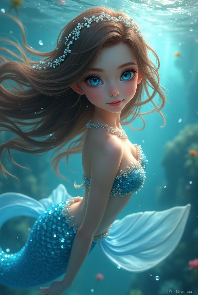 Ponytail blue haired beautiful girl with calm blue ocean eyes wearing her blue majestic mermaid form with her crown made with pearls and corals, swimming with a school of fish at the sea.