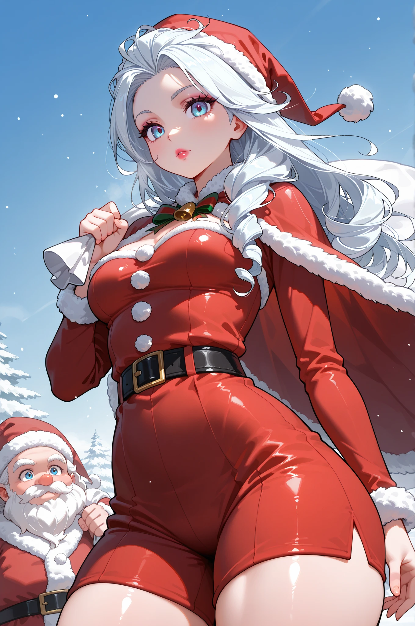 (Perfect body),Best Quality,(8K Portrait),(Official art)、(NSFW)、(((((SEX)))))、Inserted from behind、(fatness)、is crying、embarrassed from、1girl in,((((:o))))、((Wavy mouth))、Surprised、(blush),(Sweat),(((huge-breasted)))、(thick thighs)、(big butts)、((Gray hair))、(((Twin-tailed)))、Wavy Hair、(((santa costume)))、(Red ribbons)、(a miniskirt)、(Light blue striped panties)、 White knee socks、(blue eyess)、Cowboy Shot、Bedroom、kneeking、((spreading legs))、