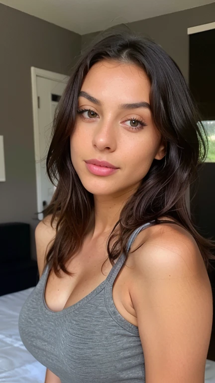 A beautiful girl, face detail, brown eyes, almond eye shape, innocent gaze, big lips, heart faceshape, fine nose, standing in a living room, very detailed, naturally wavy brown hair, high quality, small wrinkles, 4k, extremely detailed, small dark circles, mole, imperfections, medium arch eyebrows shape, thick eyebrow, black eyebrow
